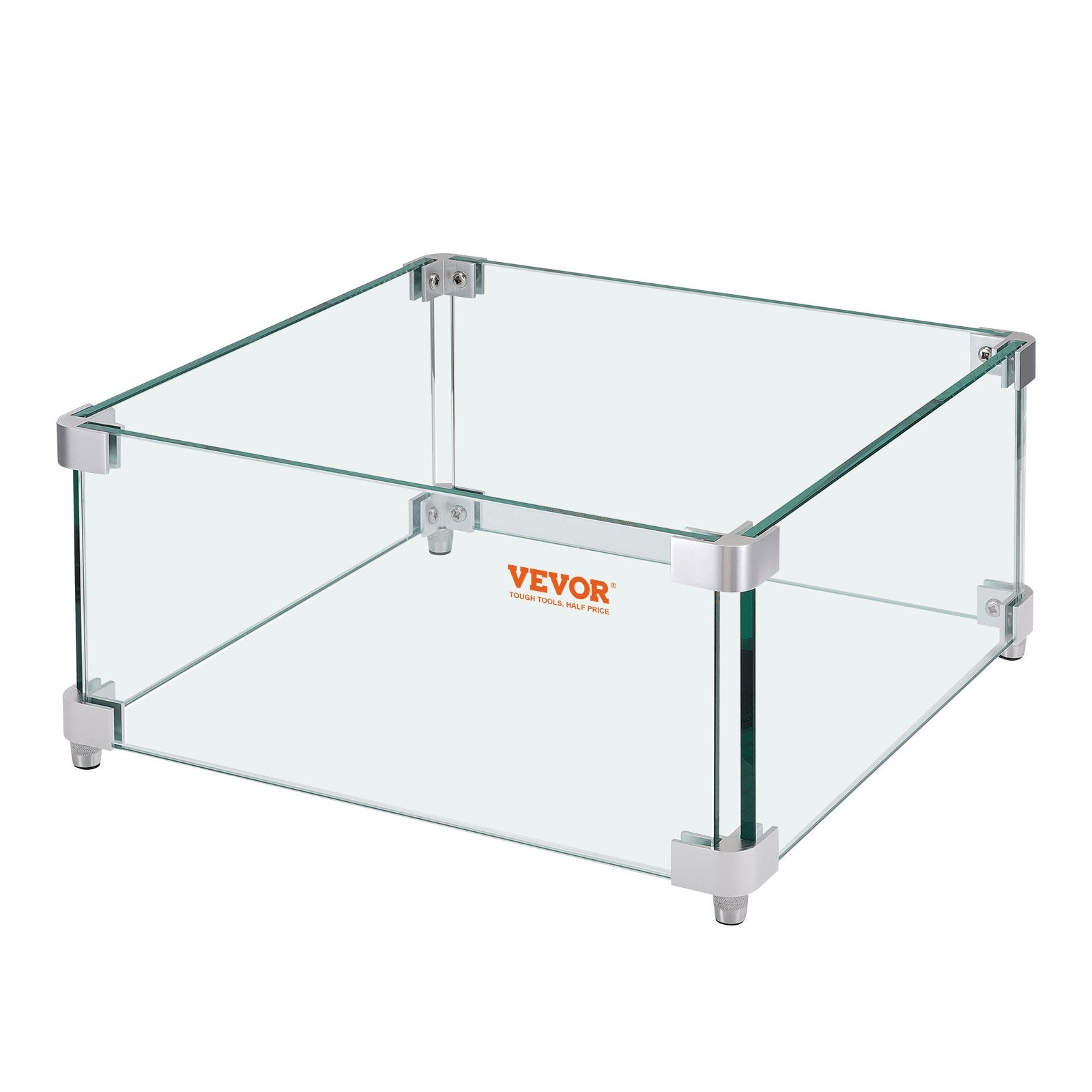 VEVOR Gas Fire Pit Wind Guard for Square Fire Table, 380 x 380 x 180 mm Clear Tempered Wind Guard for Firepits, 8mm Thick Square Glass Shield, Glass Panel with Hard Corner Bracket & Feet 9
