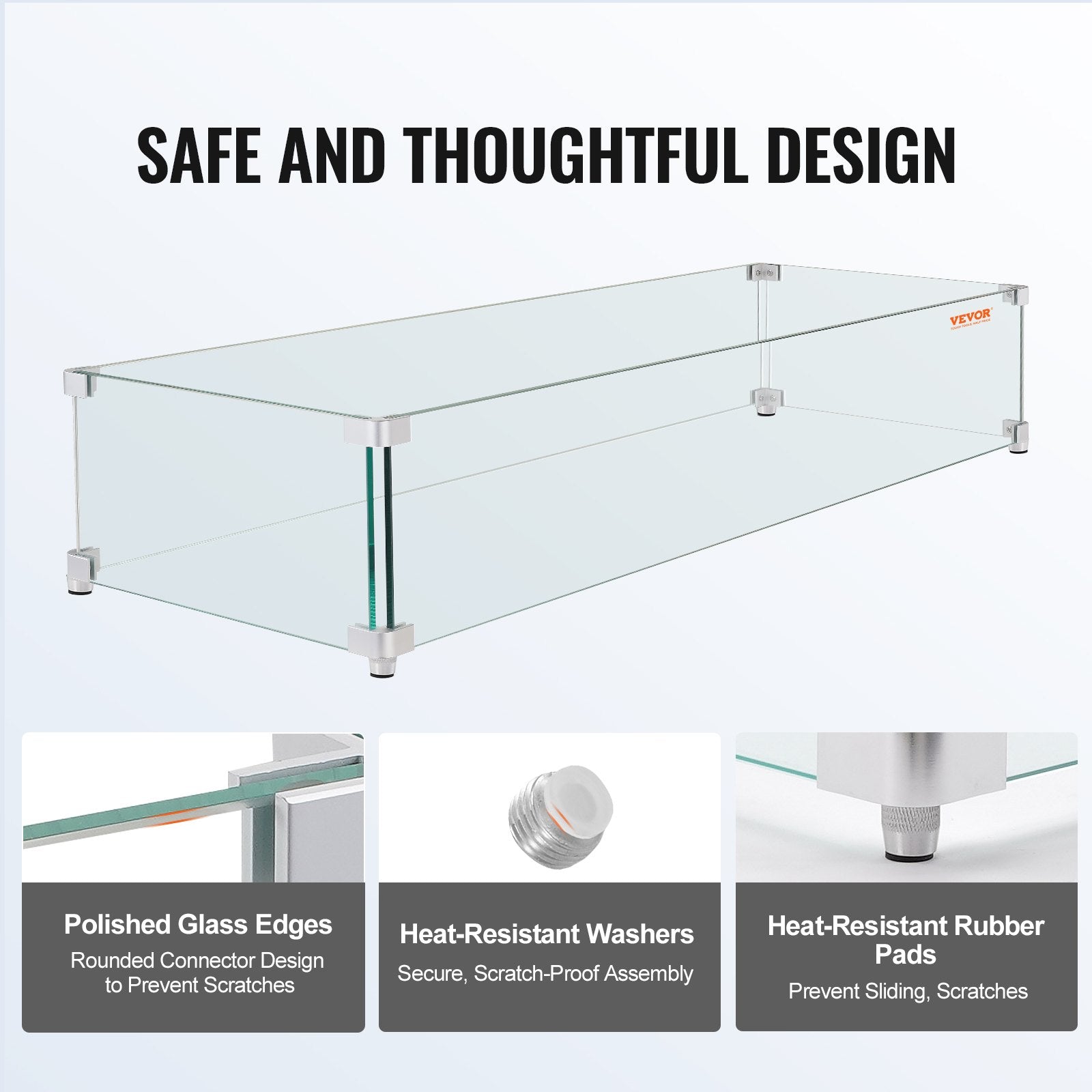 VEVOR Gas Fire Pit Wind Guard for Square Fire Table, 595 x 190 x 165 mm Clear Tempered Wind Guard for Firepits, 8mm Thick Square Glass Shield, Glass Panel with Hard Corner Bracket & Feet 5