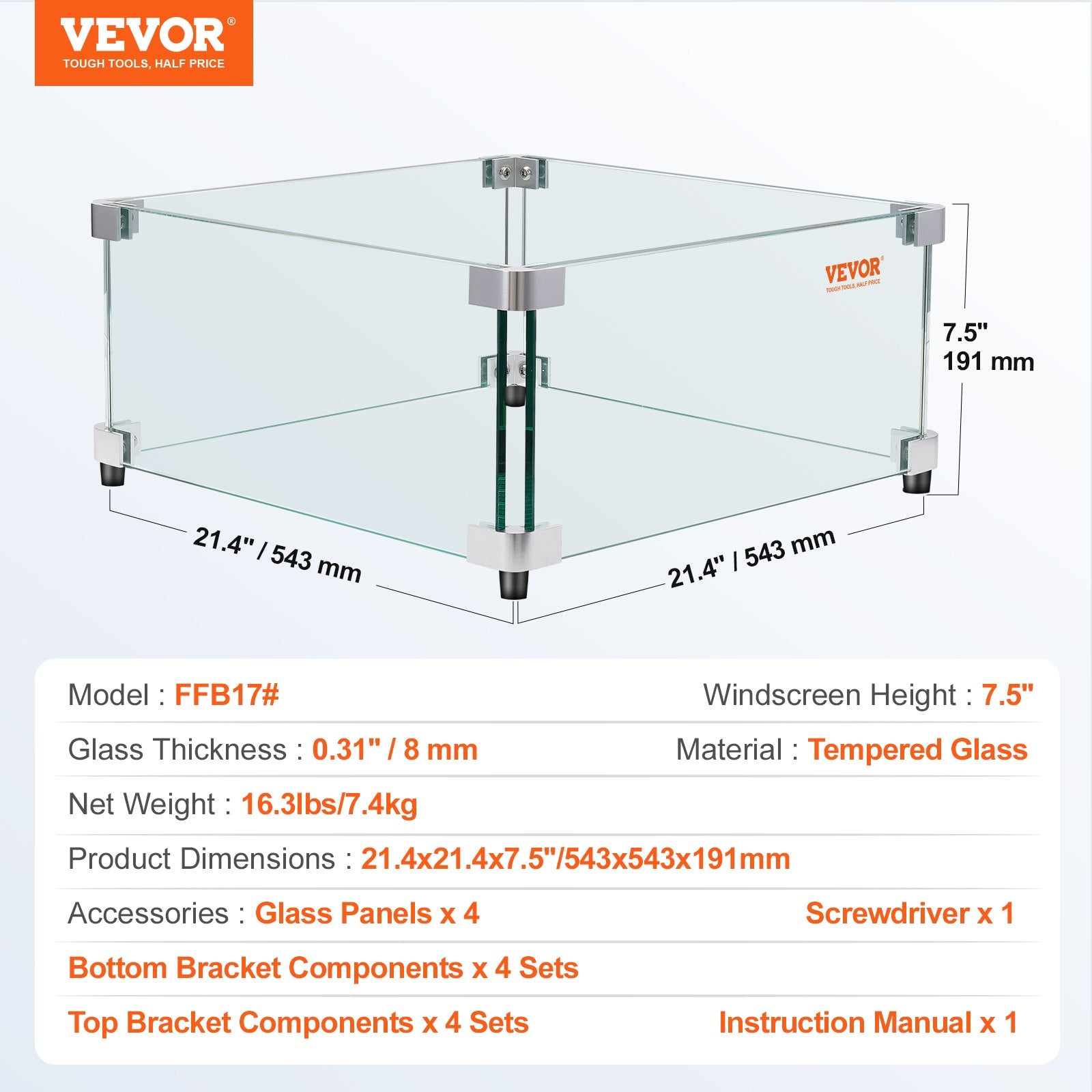 VEVOR Gas Fire Pit Wind Guard for Square Fire Table, 543 x 543 x 191 mm Clear Tempered Wind Guard for Firepits, 8mm Thick Square Glass Shield, Glass Panel with Hard Corner Bracket & Feet 7