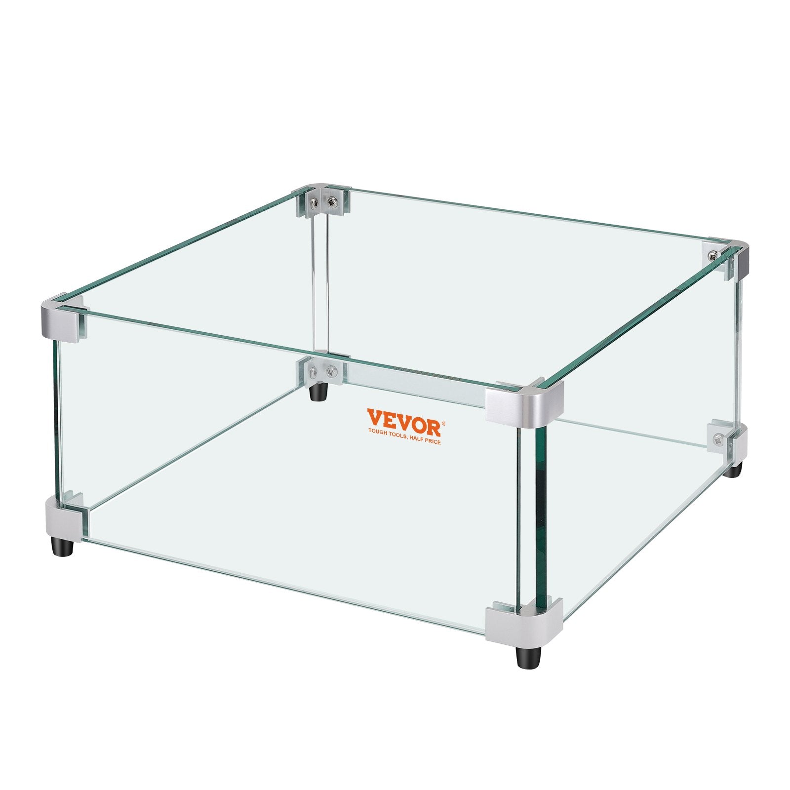 VEVOR Gas Fire Pit Wind Guard for Square Fire Table, 493 x 493 x 191 mm Clear Tempered Wind Guard for Firepits, 8mm Thick Square Glass Shield, Glass Panel with Hard Corner Bracket & Feet 9