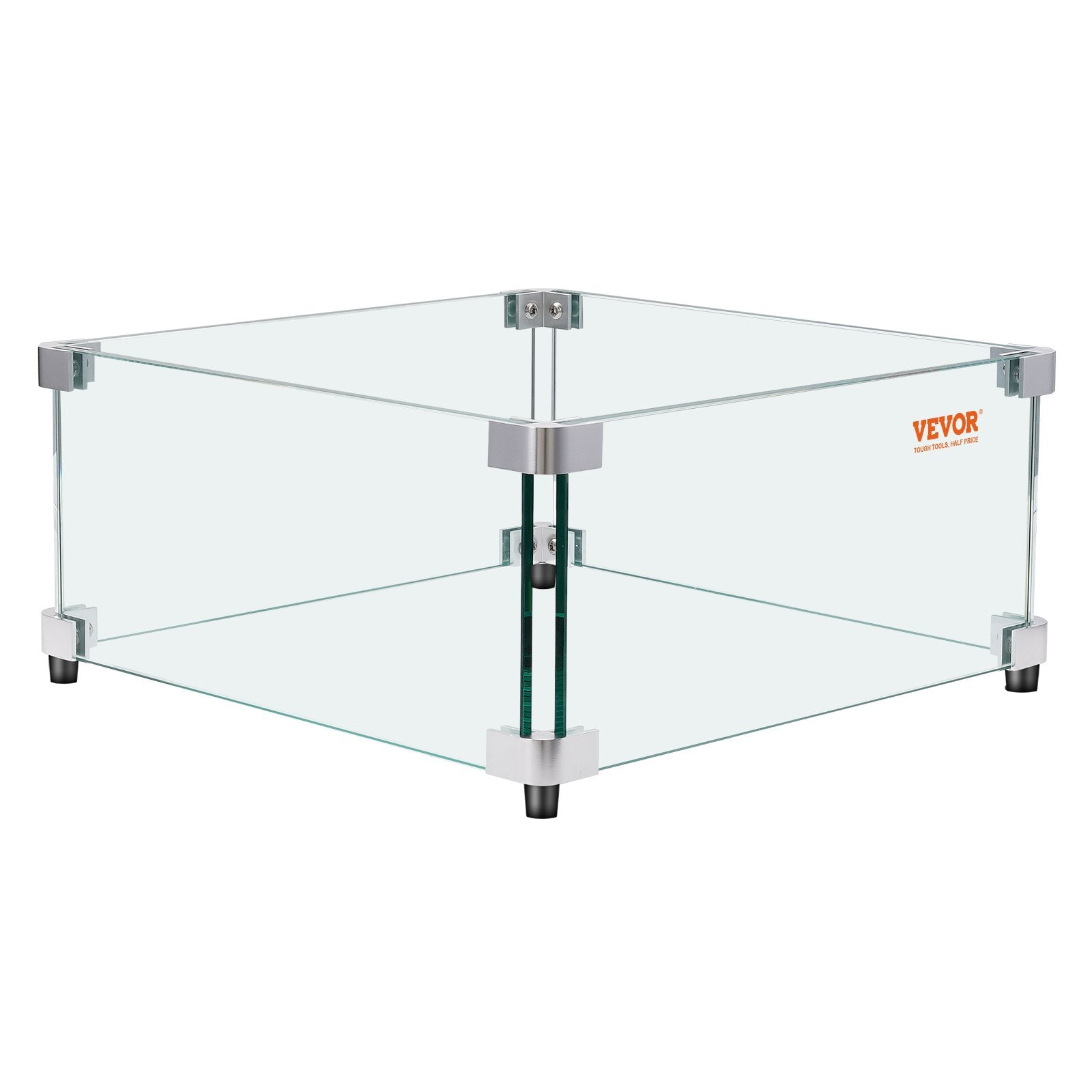 VEVOR Gas Fire Pit Wind Guard for Square Fire Table, 493 x 493 x 191 mm Clear Tempered Wind Guard for Firepits, 8mm Thick Square Glass Shield, Glass Panel with Hard Corner Bracket & Feet 11