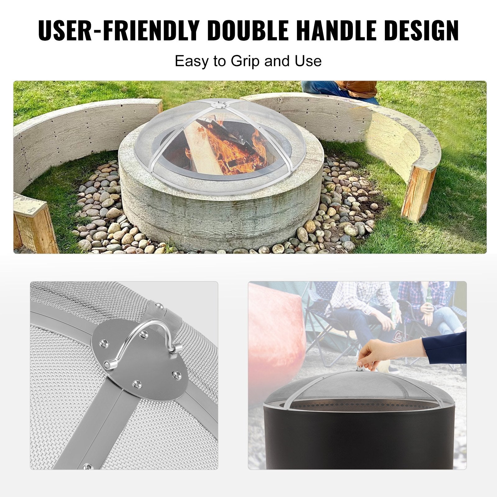 VEVOR Fire Pit Spark Screen Round 40", Reinforced Heavy Duty Steel Metal Cover, Outdoor Firepit Lid, Easy-Opening Top Screen Covers Round with Ring Handle for Outdoor Patio Fire Pits Backyard 4