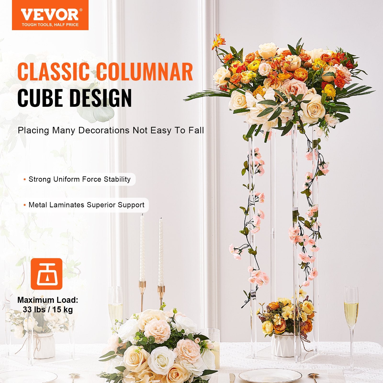 VEVOR 2PCS 31.5inch/80cm High Wedding Flower Stand, With Acrylic Laminate,Acrylic Vase Column Geometric Centerpiece Stands, Floral Display Rack for T-Stage Events Reception, Party Decoration Home