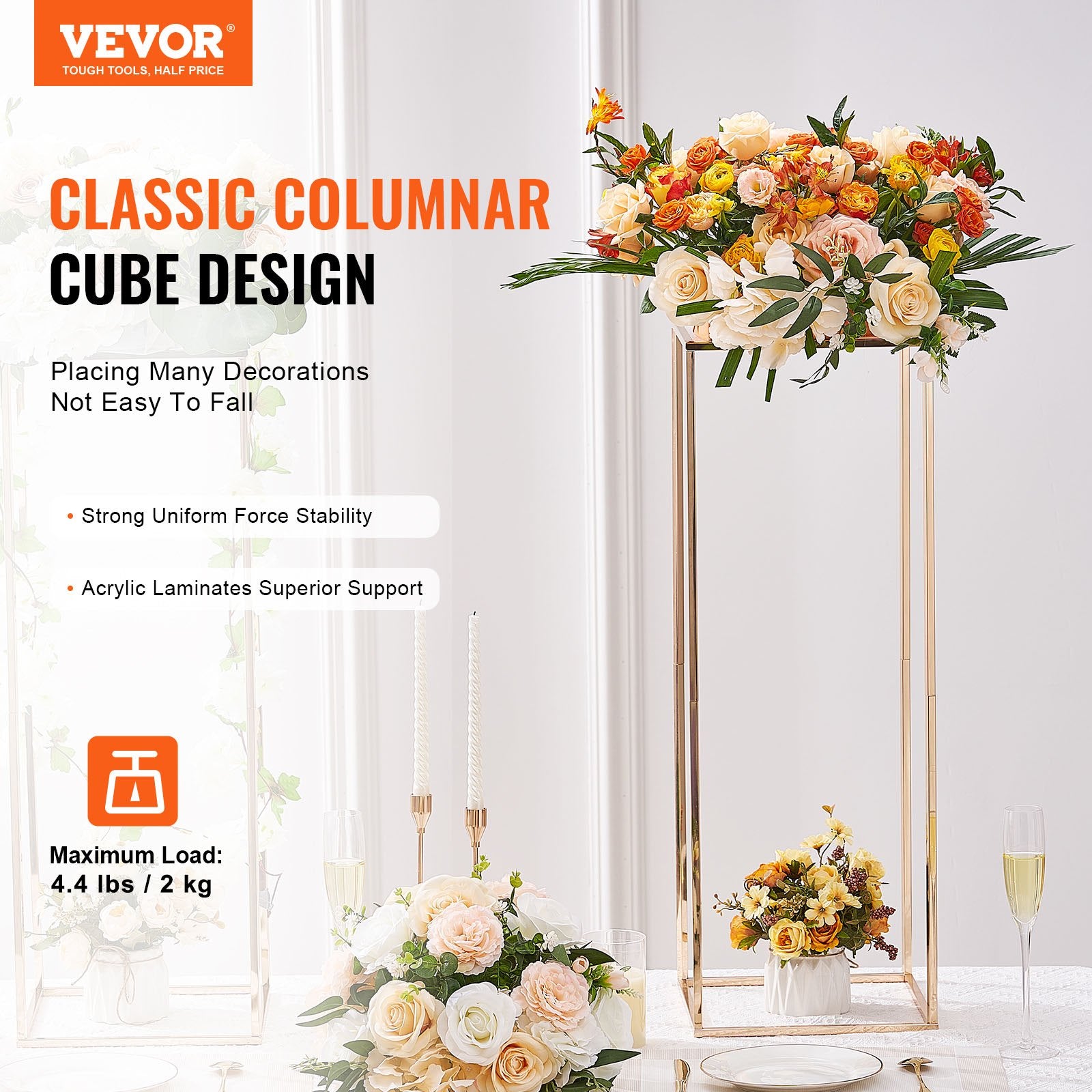 VEVOR 2PCS 31.5inch/80cm High Wedding Flower Stand, With Acrylic Laminate,Metal Vase Column Geometric Centerpiece Stands, Gold Rectangular Floral Display Rack for Events Reception, Party Decoration
