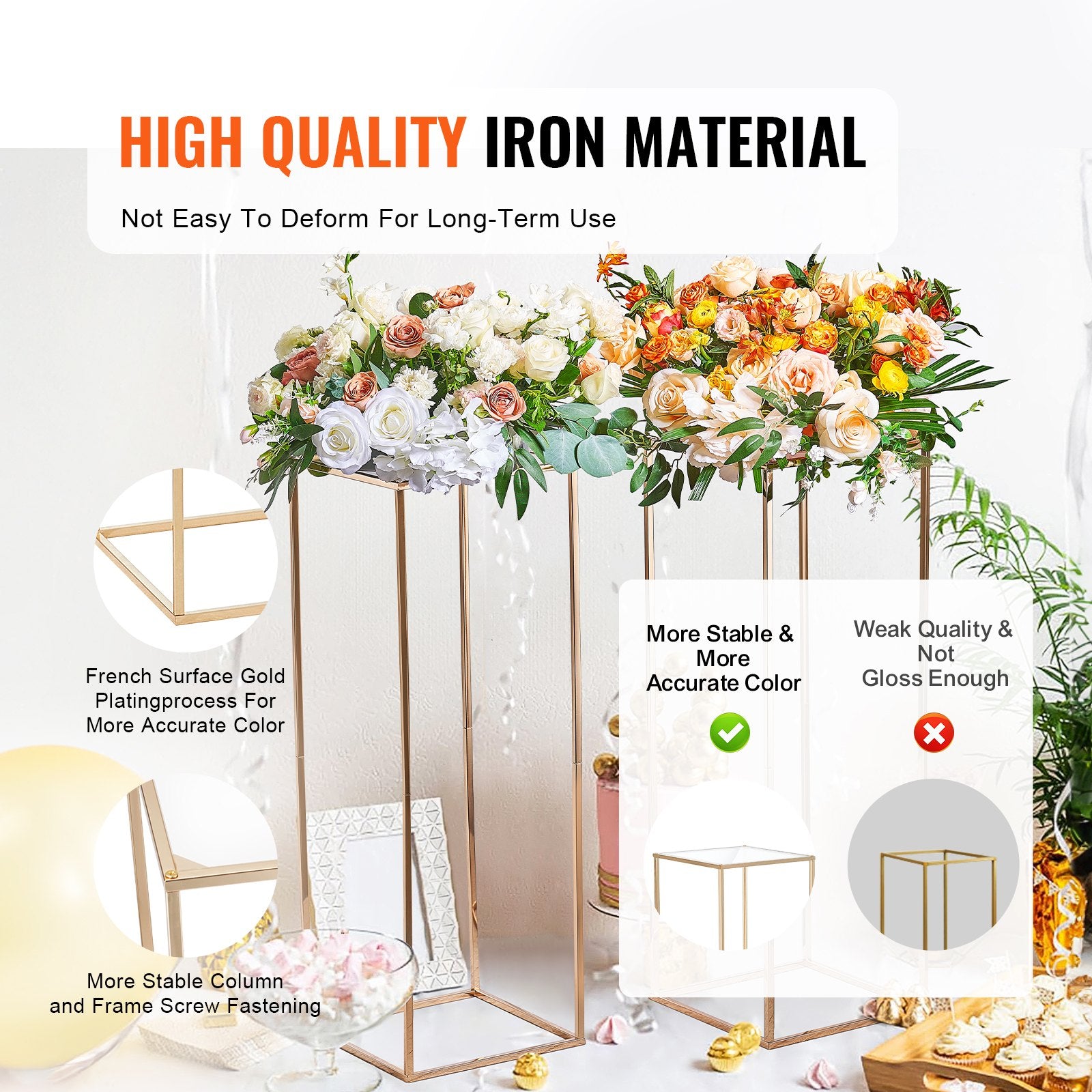 VEVOR 2PCS 31.5inch/80cm High Wedding Flower Stand, With Acrylic Laminate,Metal Vase Column Geometric Centerpiece Stands, Gold Rectangular Floral Display Rack for Events Reception, Party Decoration 3