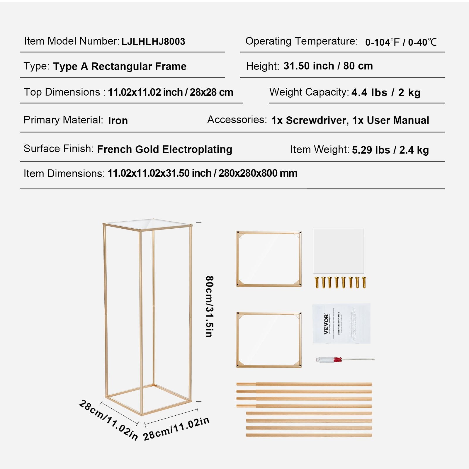 VEVOR 2PCS 31.5inch/80cm High Wedding Flower Stand, With Acrylic Laminate,Metal Vase Column Geometric Centerpiece Stands, Gold Rectangular Floral Display Rack for Events Reception, Party Decoration 7