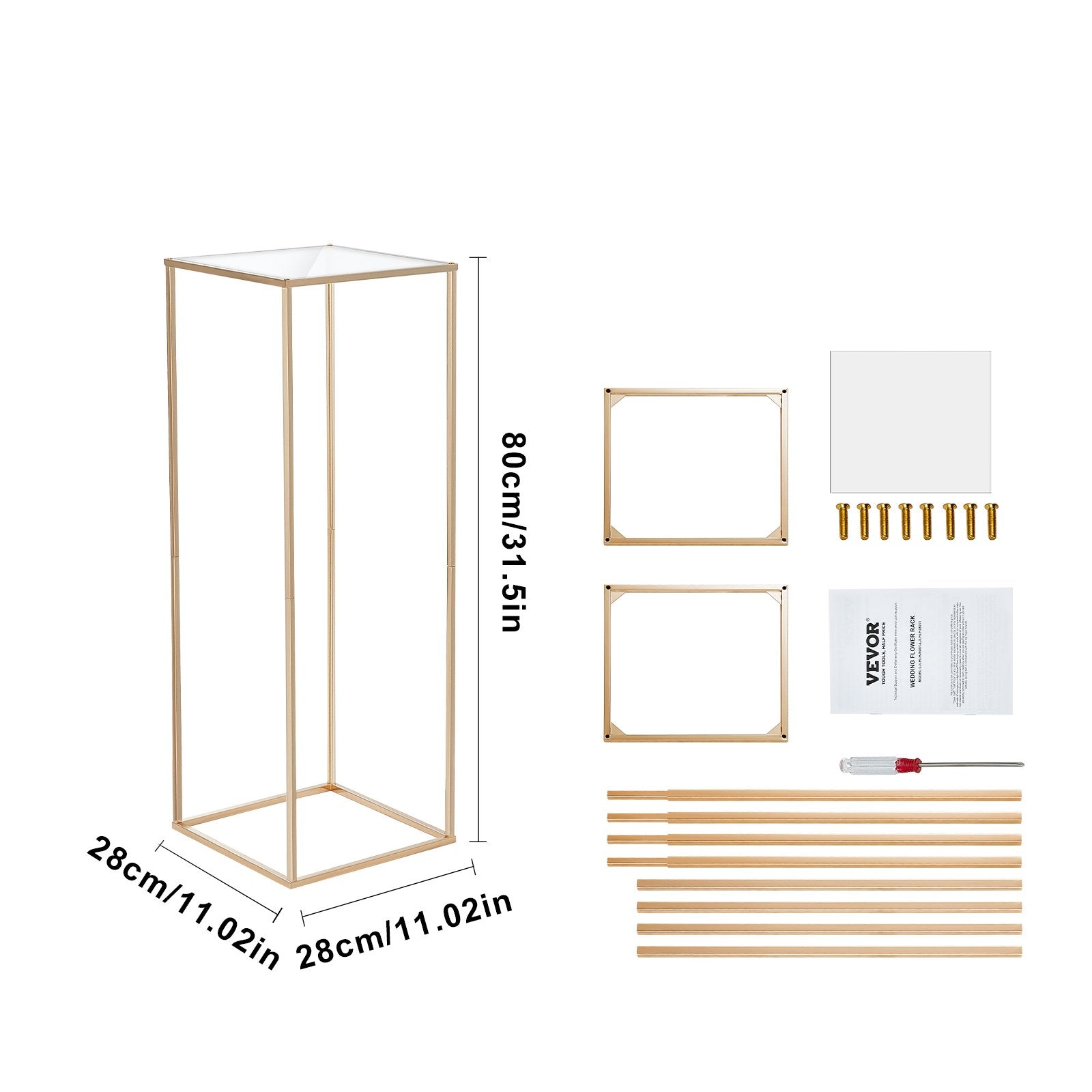 VEVOR 2PCS 31.5inch/80cm High Wedding Flower Stand, With Acrylic Laminate,Metal Vase Column Geometric Centerpiece Stands, Gold Rectangular Floral Display Rack for Events Reception, Party Decoration 9