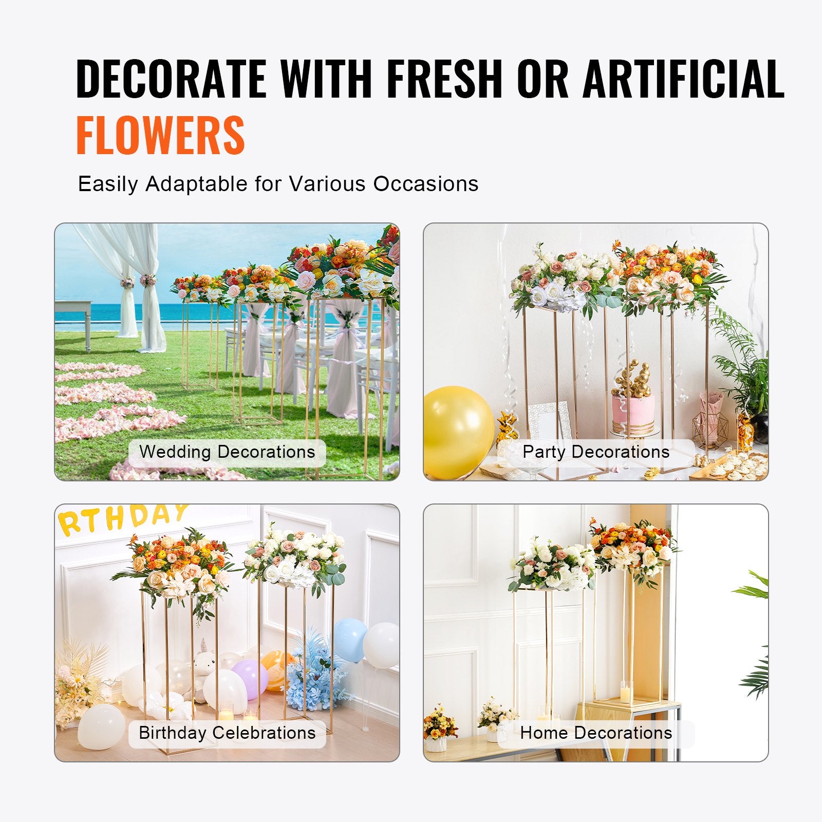 VEVOR 10PCS 31.5inch/80cm High Wedding Flower Stand, With Acrylic Laminate,Metal Vase Column Geometric Centerpiece Stands, Gold Rectangular Floral Display Rack for Events Reception, Party Decoration 6