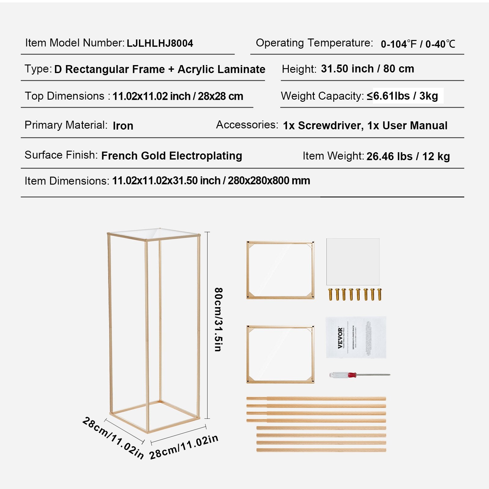 VEVOR 10PCS 31.5inch/80cm High Wedding Flower Stand, With Acrylic Laminate,Metal Vase Column Geometric Centerpiece Stands, Gold Rectangular Floral Display Rack for Events Reception, Party Decoration 7