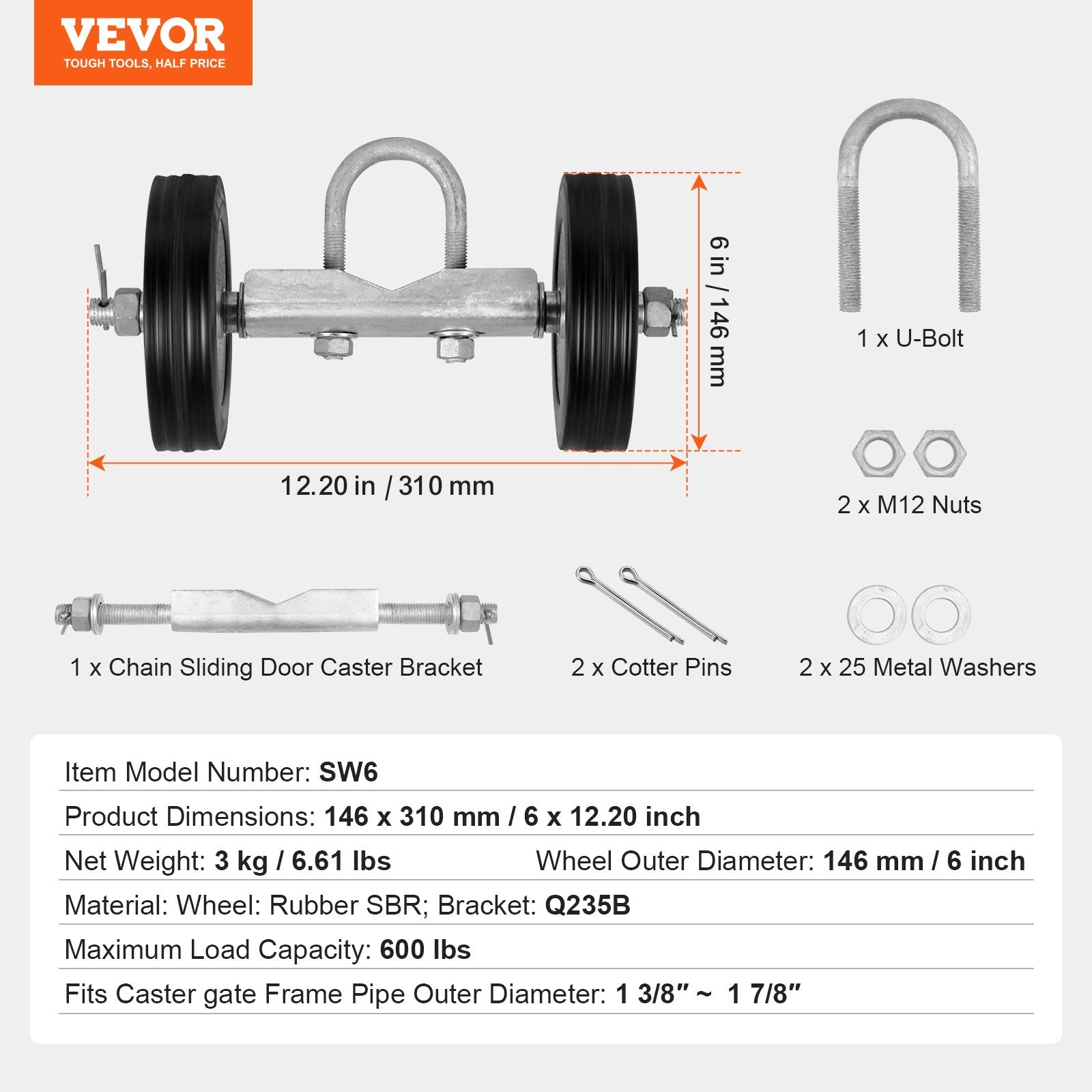 VEVOR Sliding Gate Kit 6” Heavy Duty Rolling Hardware for Door 600 lbs Load 7