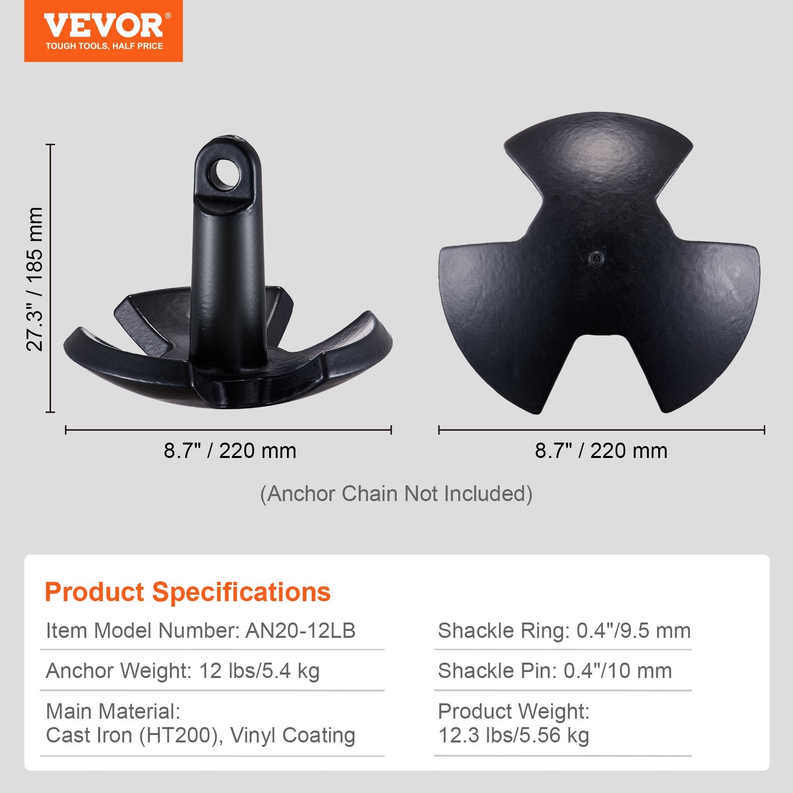 VEVOR River Anchor, 12 LBS Boat Anchor Cast Iron Black Vinyl-Coated with Shackle, Marine Grade Mushroom Anchor for Boats Up To 10 ft, Impressive Holding Power in River and Mud Bottom Lakes 7
