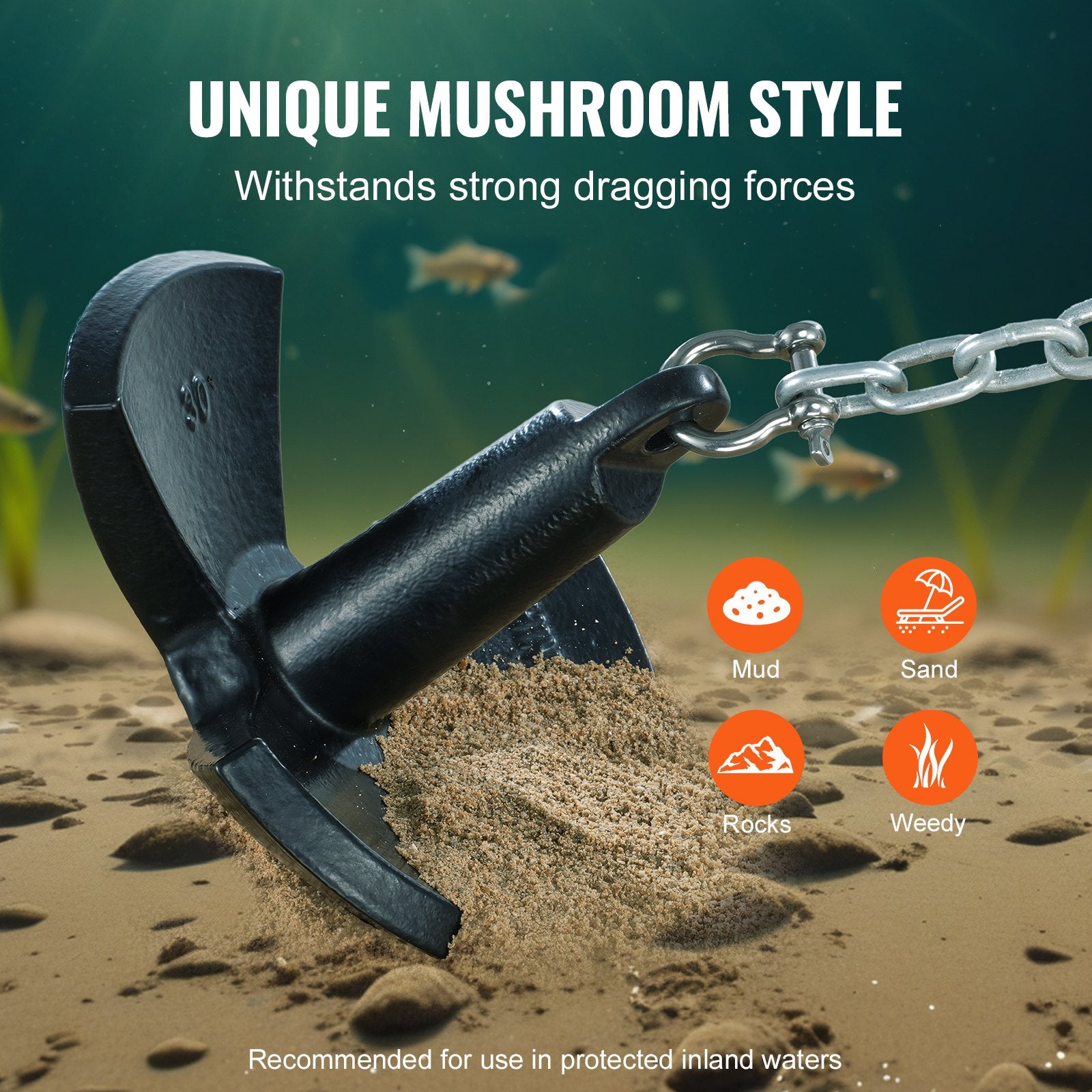 VEVOR River Anchor 30LB Boat Anchor Cast Iron Black Vinyl-Coated Mushroom Anchor 3