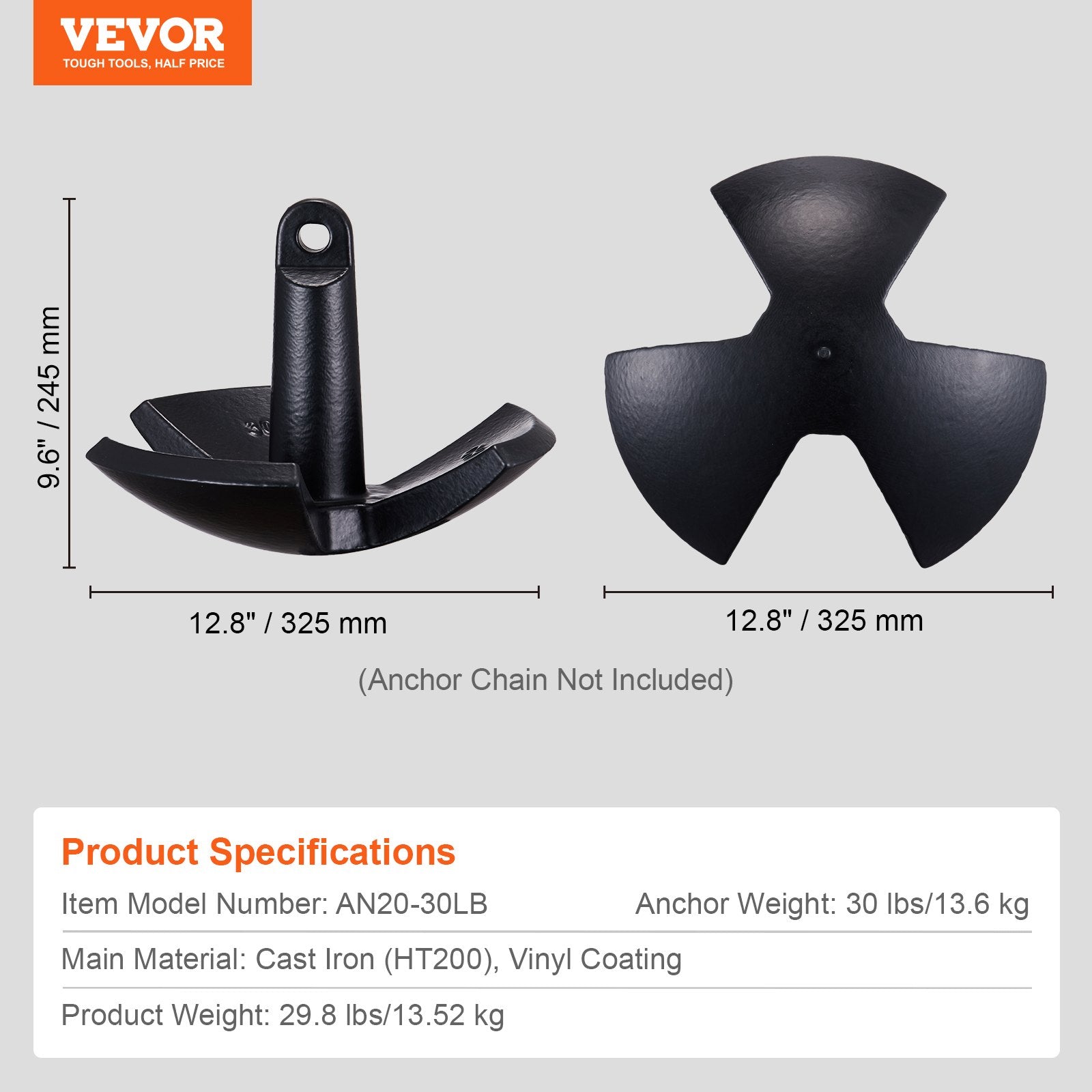 VEVOR River Anchor 30LB Boat Anchor Cast Iron Black Vinyl-Coated Mushroom Anchor 7