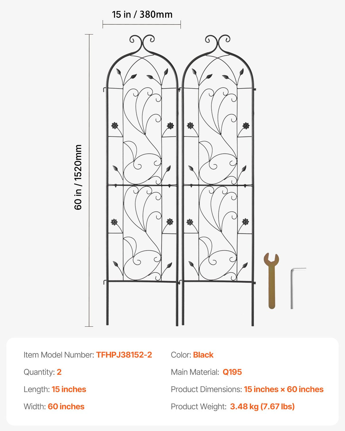 VEVOR 2 Packs Metal Garden Trellis for Climbing Plant Support 60x15 in Rustproof 7