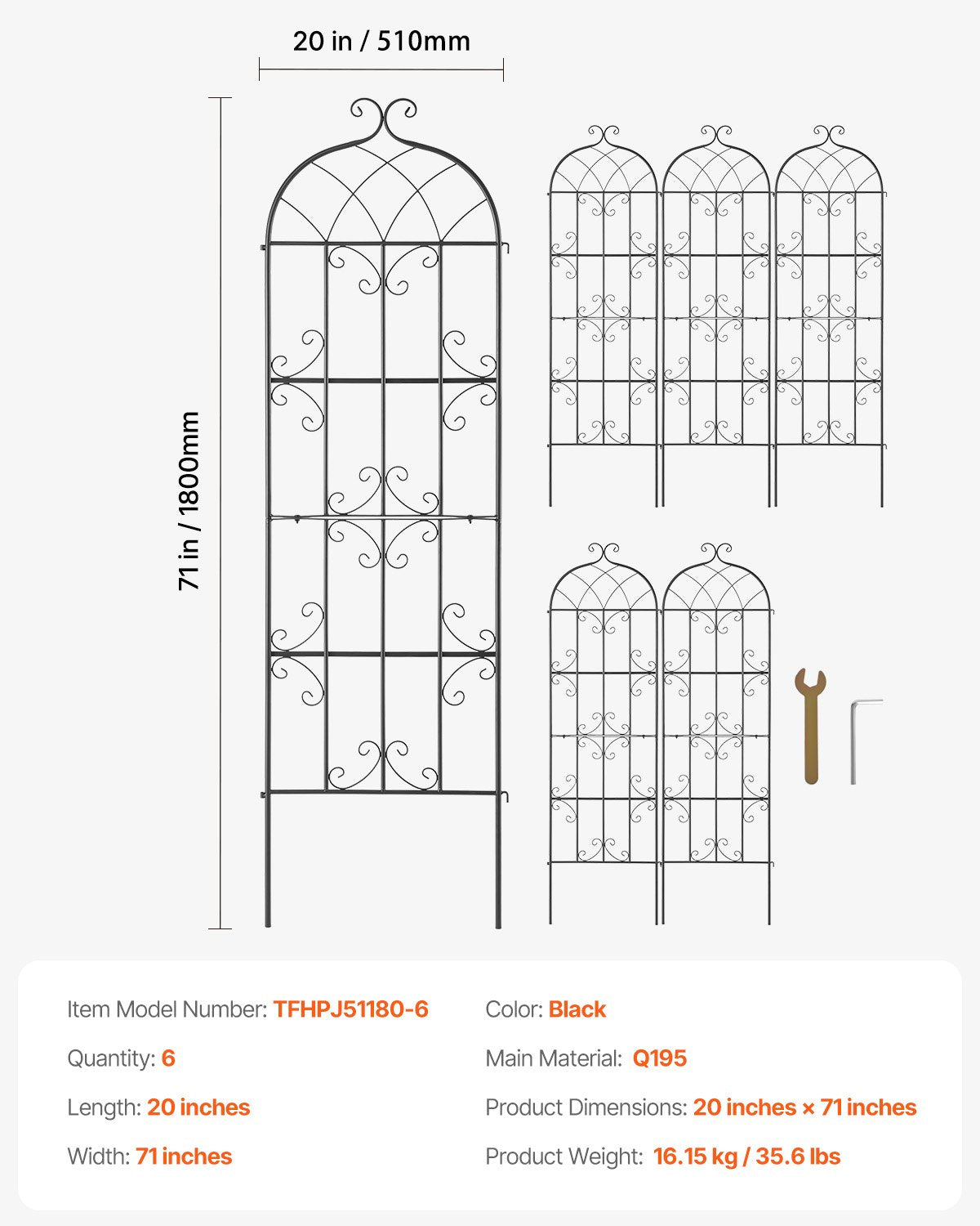 VEVOR 4 Packs Metal Garden Trellis for Climbing Plant Support 71x20 in Rustproof 7