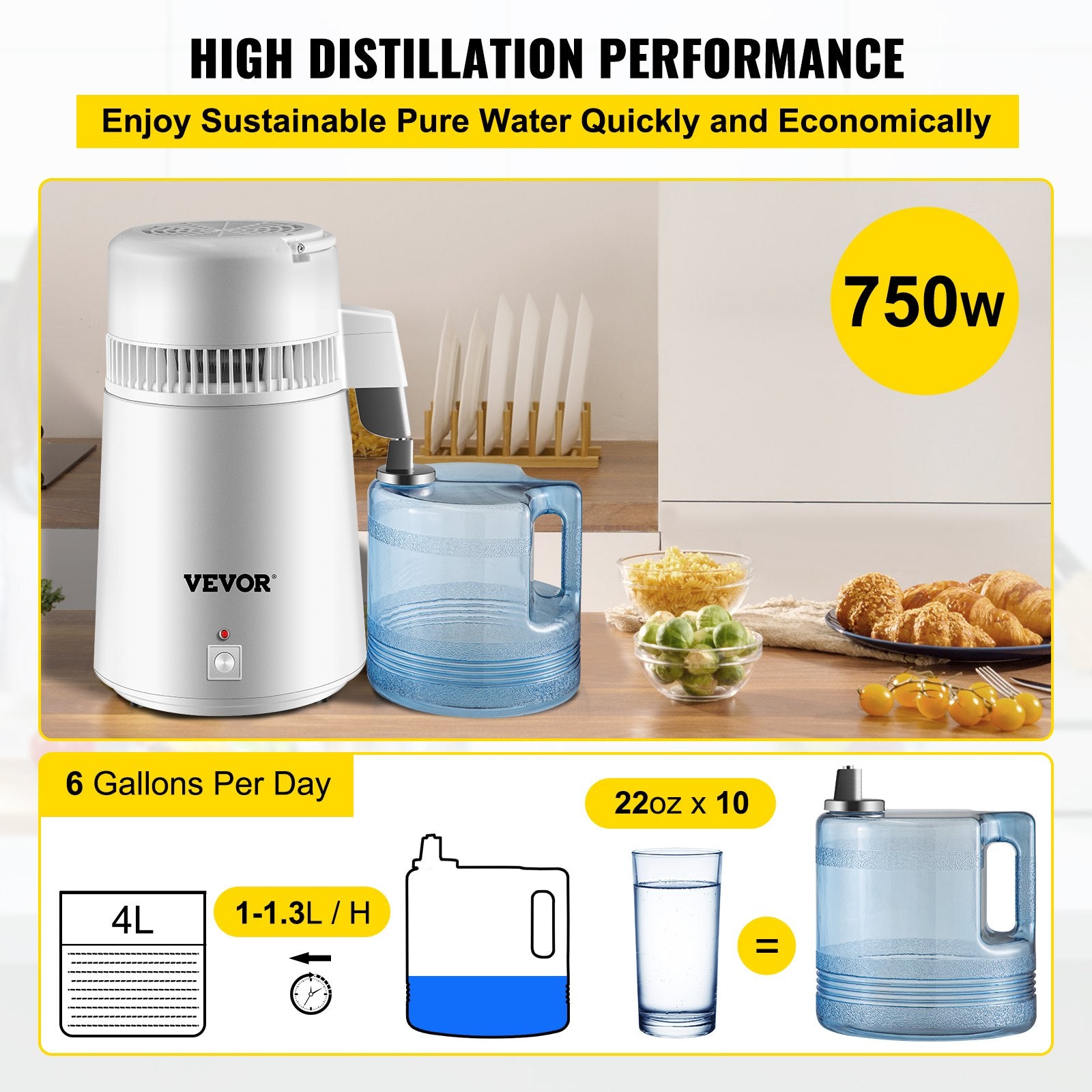 VEVOR Water Distiller Purifier Pure Water Distiller Filters Water Distillation 4L Internal Stainless Steel with Collection Bottle 4