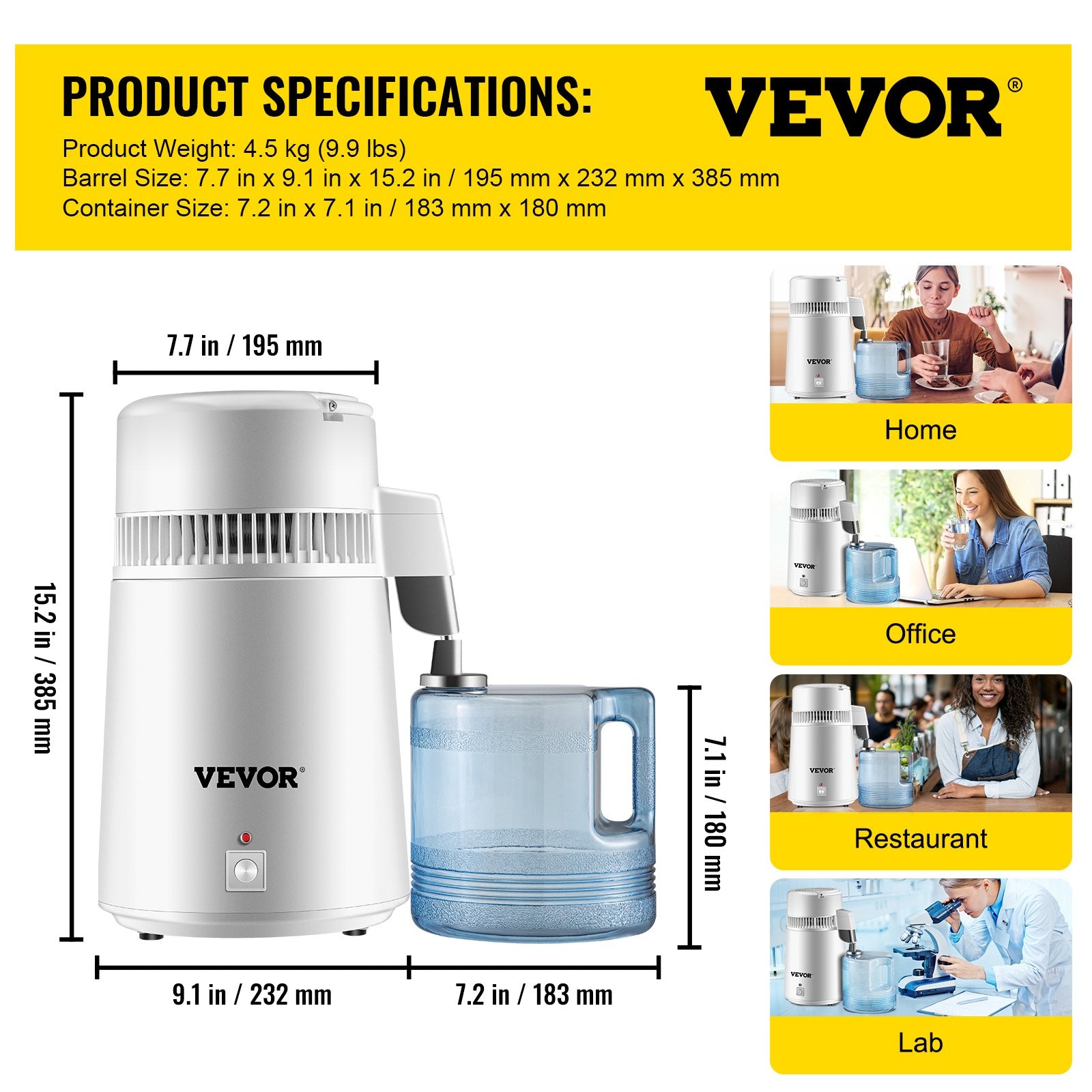 VEVOR Water Distiller Purifier Pure Water Distiller Filters Water Distillation 4L Internal Stainless Steel with Collection Bottle 7
