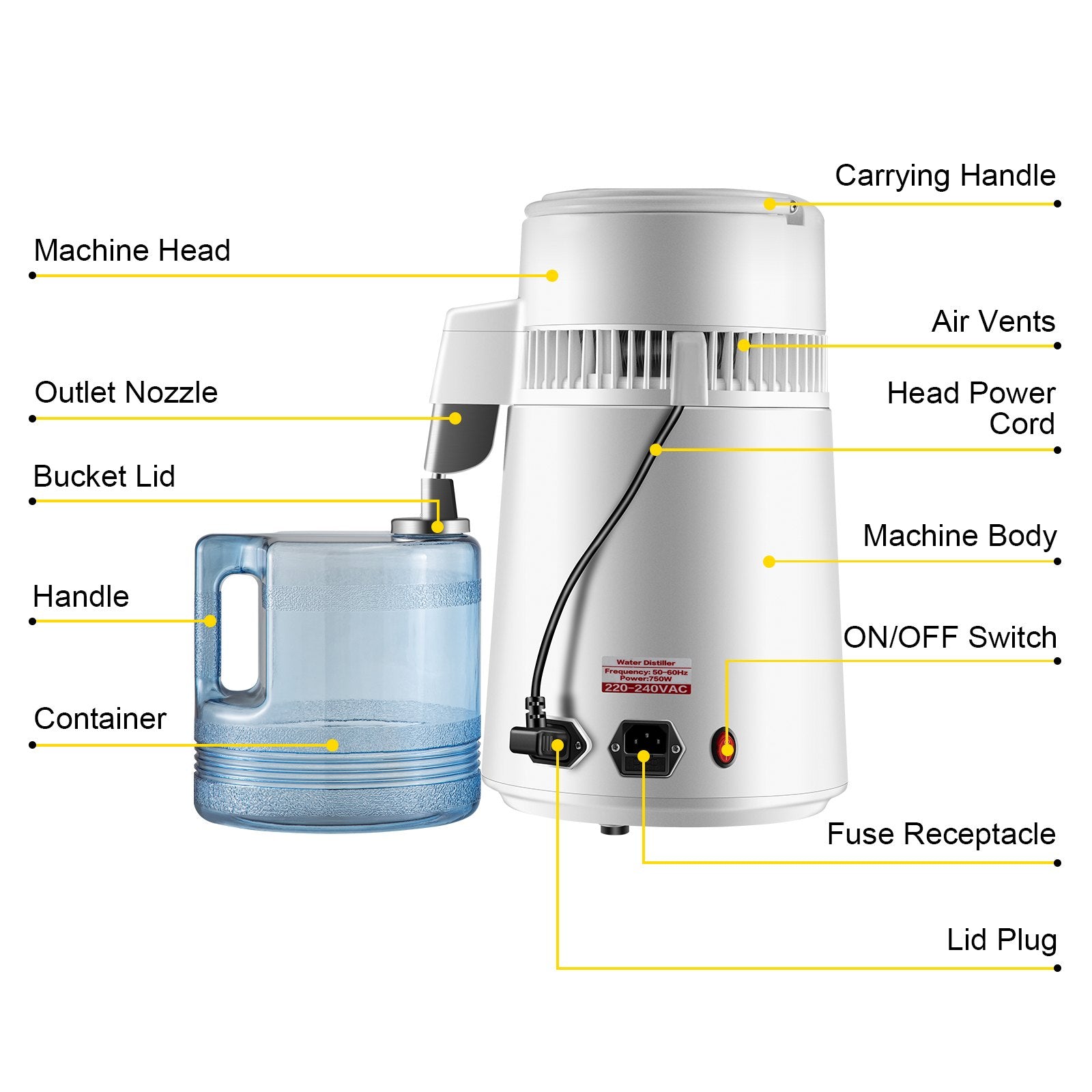 VEVOR Water Distiller Purifier Pure Water Distiller Filters Water Distillation 4L Internal Stainless Steel with Collection Bottle 10