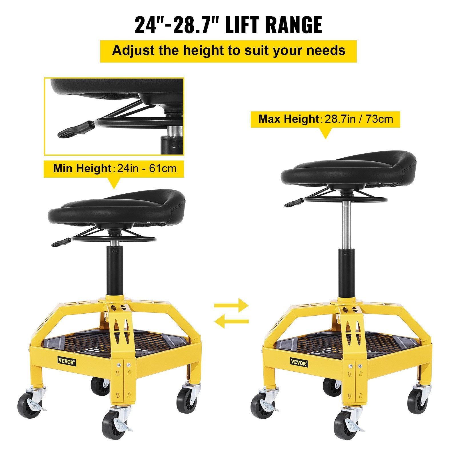 VEVOR Rolling Garage Stool, 300LBS Capacity, Adjustable Height from 24 in to 28.7 in, Mechanic Seat with 360-degree Swivel Wheels and Tool Tray, for Workshop, Auto Repair Shop, Yellow 3
