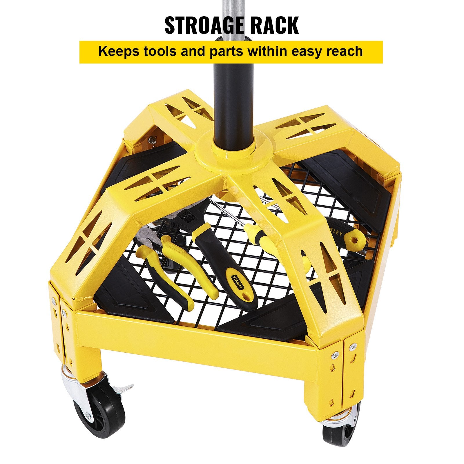 VEVOR Rolling Garage Stool, 300LBS Capacity, Adjustable Height from 24 in to 28.7 in, Mechanic Seat with 360-degree Swivel Wheels and Tool Tray, for Workshop, Auto Repair Shop, Yellow 4