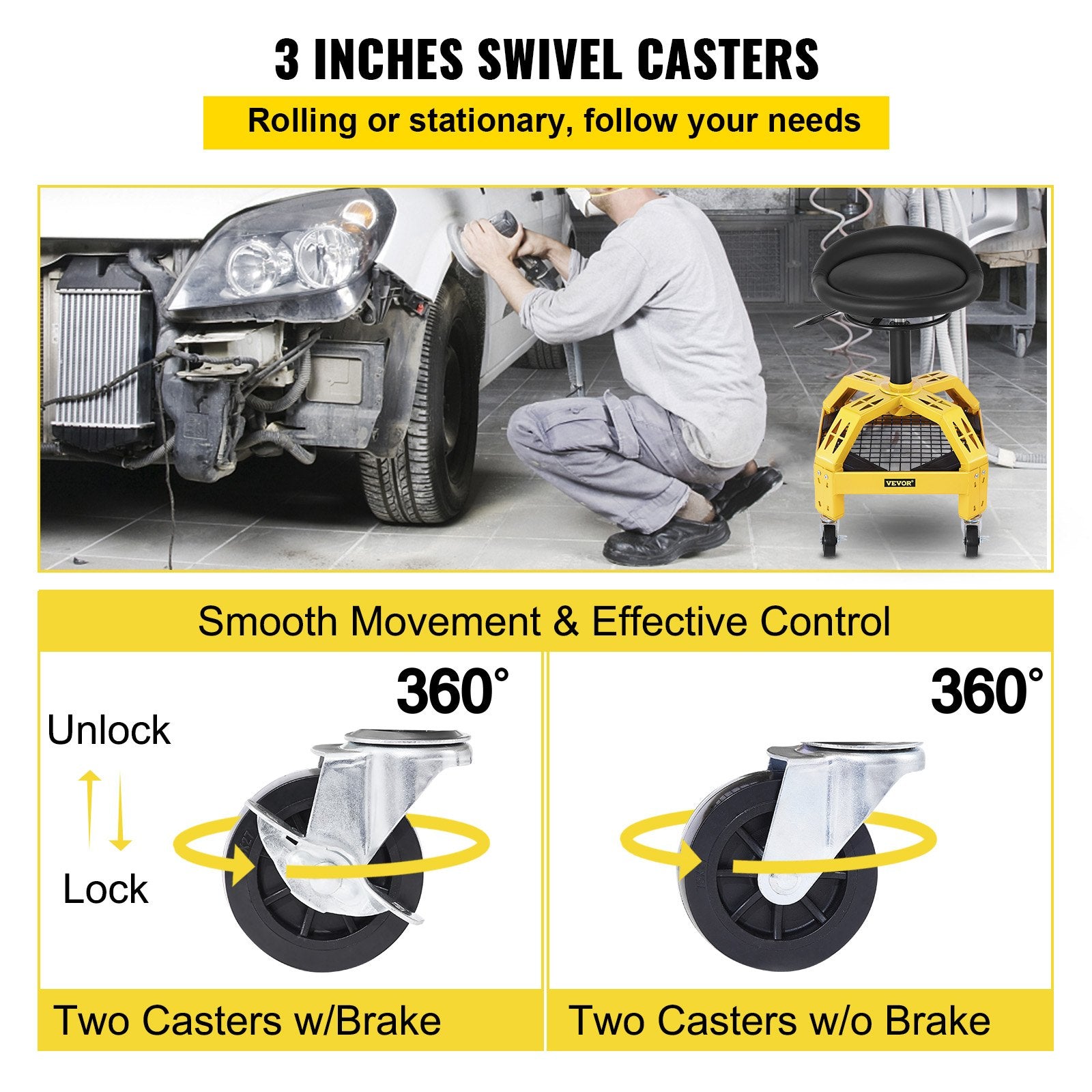 VEVOR Rolling Garage Stool, 300LBS Capacity, Adjustable Height from 24 in to 28.7 in, Mechanic Seat with 360-degree Swivel Wheels and Tool Tray, for Workshop, Auto Repair Shop, Yellow 5