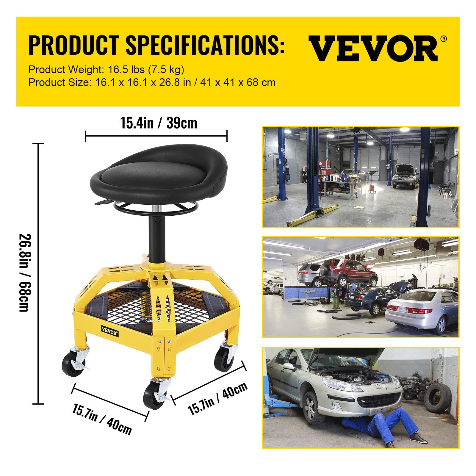 VEVOR Rolling Garage Stool, 300LBS Capacity, Adjustable Height from 24 in to 28.7 in, Mechanic Seat with 360-degree Swivel Wheels and Tool Tray, for Workshop, Auto Repair Shop, Yellow 7