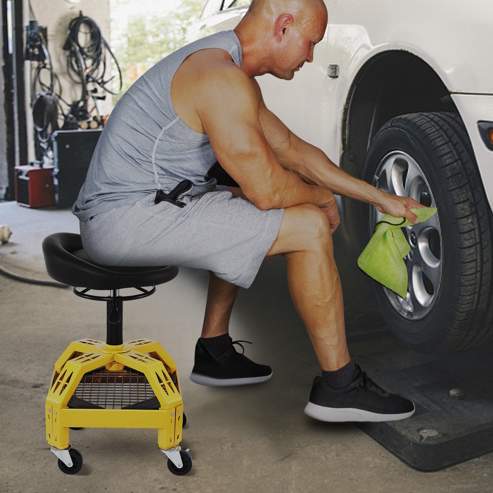 VEVOR Rolling Garage Stool, 300LBS Capacity, Adjustable Height from 24 in to 28.7 in, Mechanic Seat with 360-degree Swivel Wheels and Tool Tray, for Workshop, Auto Repair Shop, Yellow 8