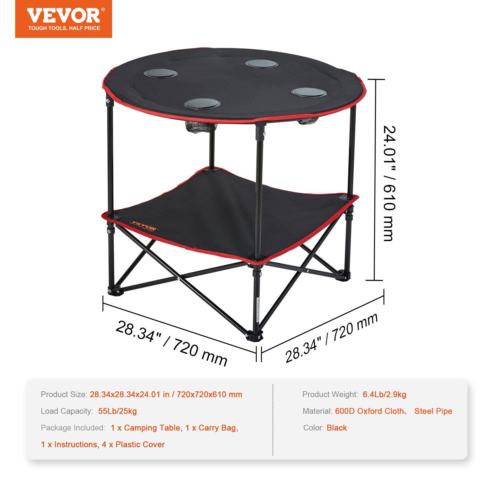 VEVOR Folding Camping Table, Outdoor Portable Side Tables, Lightweight Fold Up Table, 600D Oxford Fabric & Steel Ultra Compact Work Table with Large Storage & Carry Bag, For Beach Picnic, 28.3"x24" 7