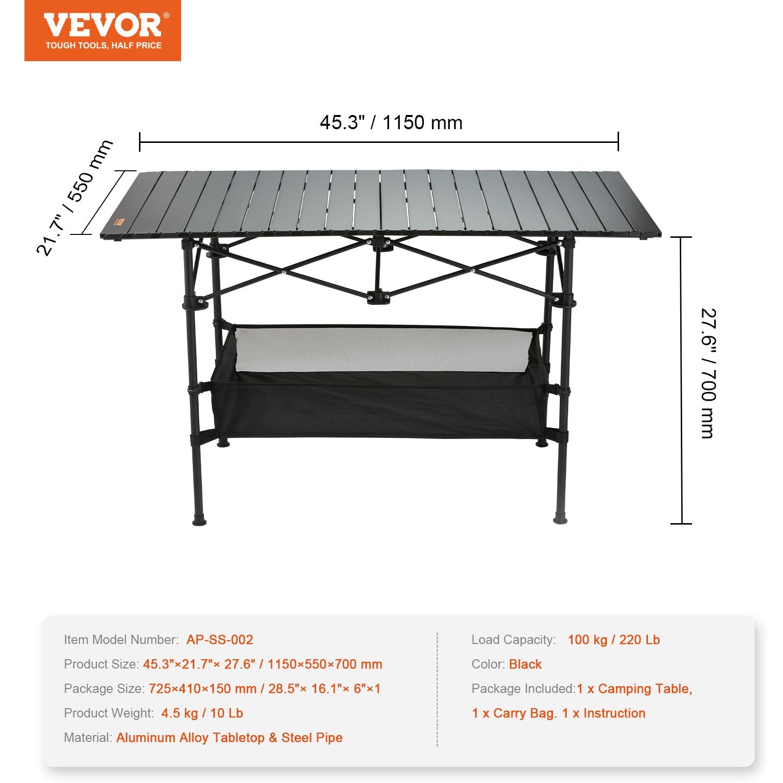 VEVOR Folding Camping Table, Outdoor Portable Side Tables, Lightweight Fold Up Table, Aluminum & Steel Ultra Compact Work Table with Large Storage and Carry Bag, For Beach, Picnic, Travel, 24x16 inch 7