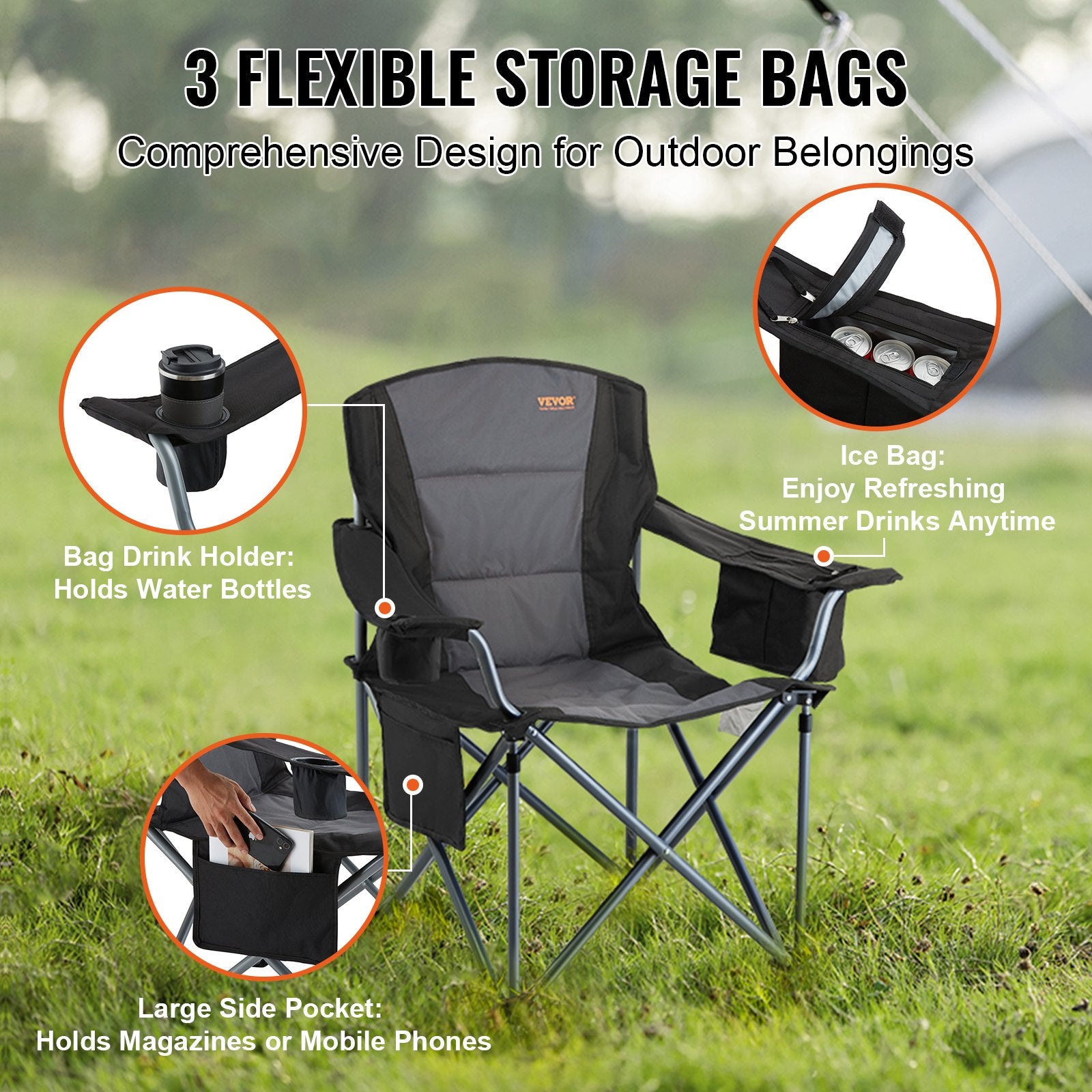 VEVOR Camping Folding Chair for Adults, Portable Heavy Duty Outdoor Quad Lumbar Back Padded Arm Chairs with Side Pockets, Cup Holder and Cooler Bag for Beach, Lawn, Picnic, Fishing, Backpacking, Black 5