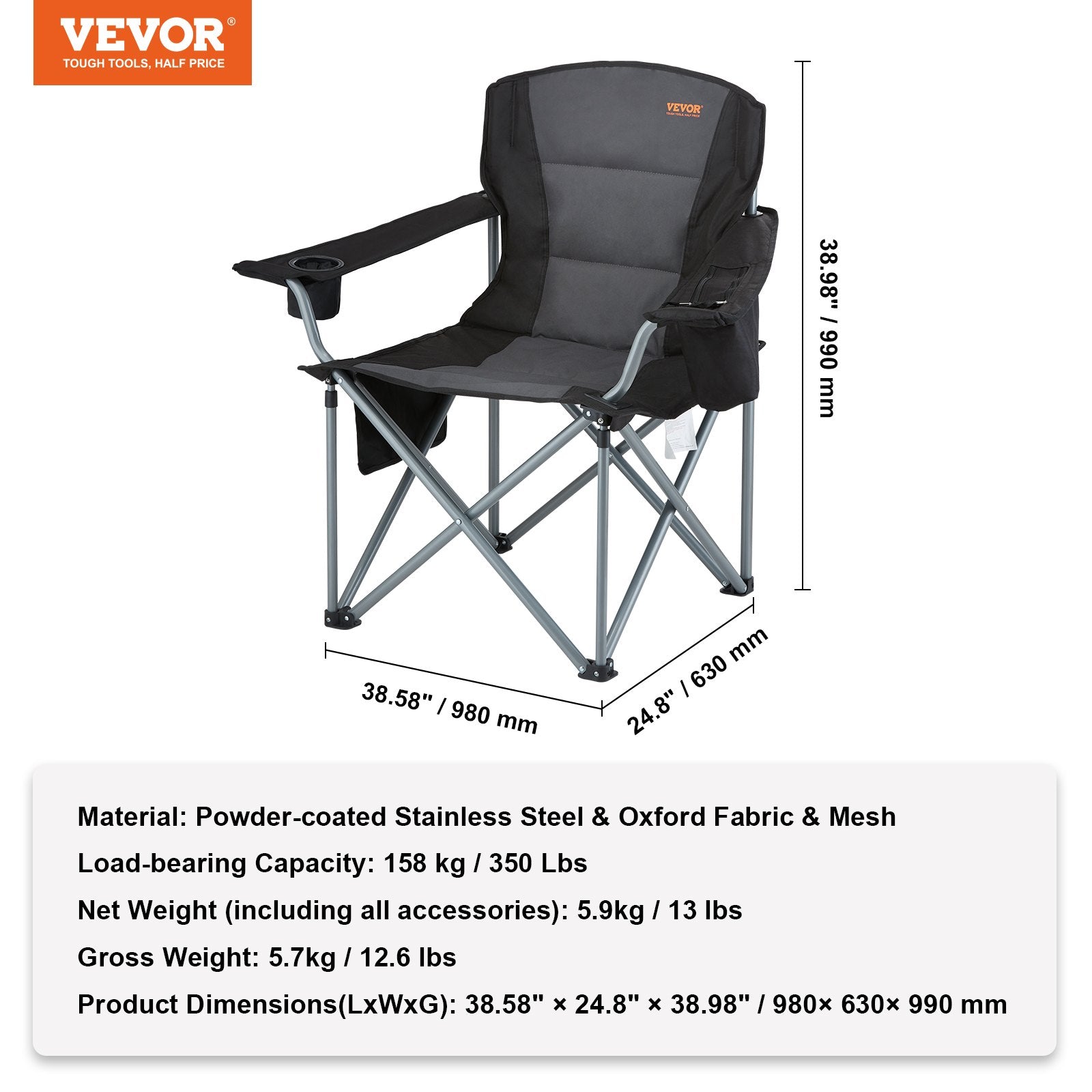 VEVOR Camping Folding Chair for Adults, Portable Heavy Duty Outdoor Quad Lumbar Back Padded Arm Chairs with Side Pockets, Cup Holder and Cooler Bag for Beach, Lawn, Picnic, Fishing, Backpacking, Black 7