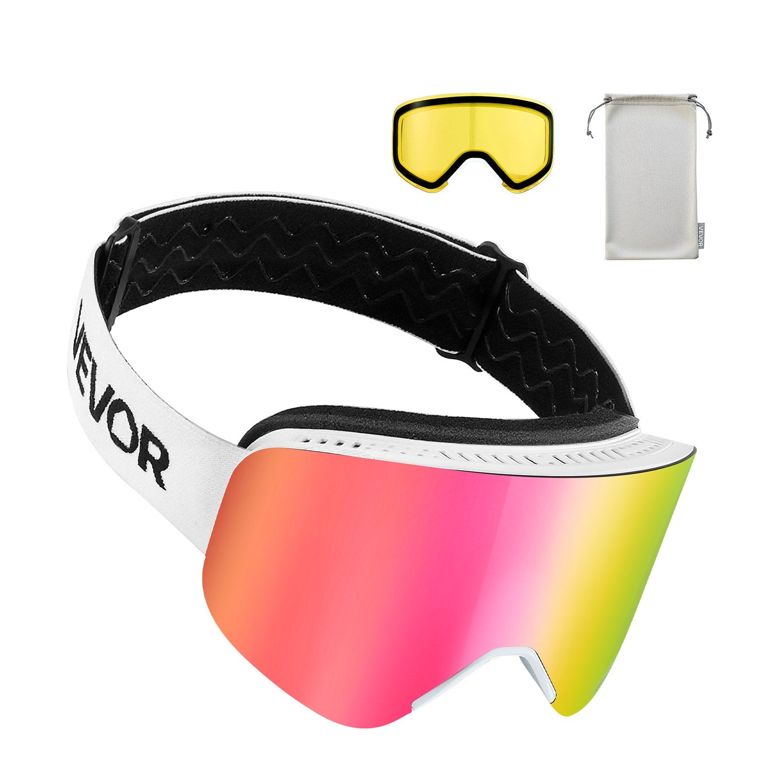 VEVOR Frameless Ski Goggles, Magnet Cylindrical Lens with Pink Revo Coating, OTG Anti fog Snow Goggles for Men Women Youth, TPU Frame & Ventilation Structure, Fit for Skiing, Skating, Snowboarding 9