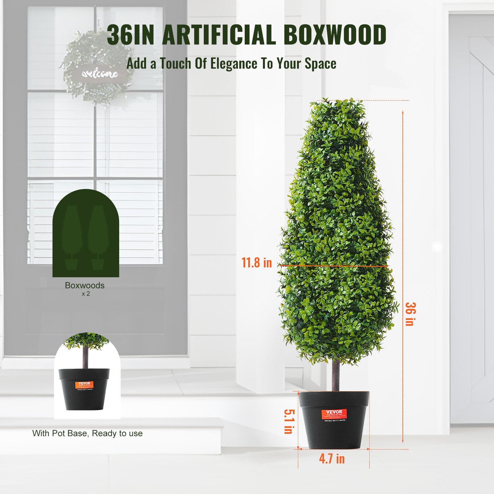VEVOR 2 Pack 91.4cm Artificial Boxwood Topiary Tree Faux Plant UV Decor In/Outdoor 6