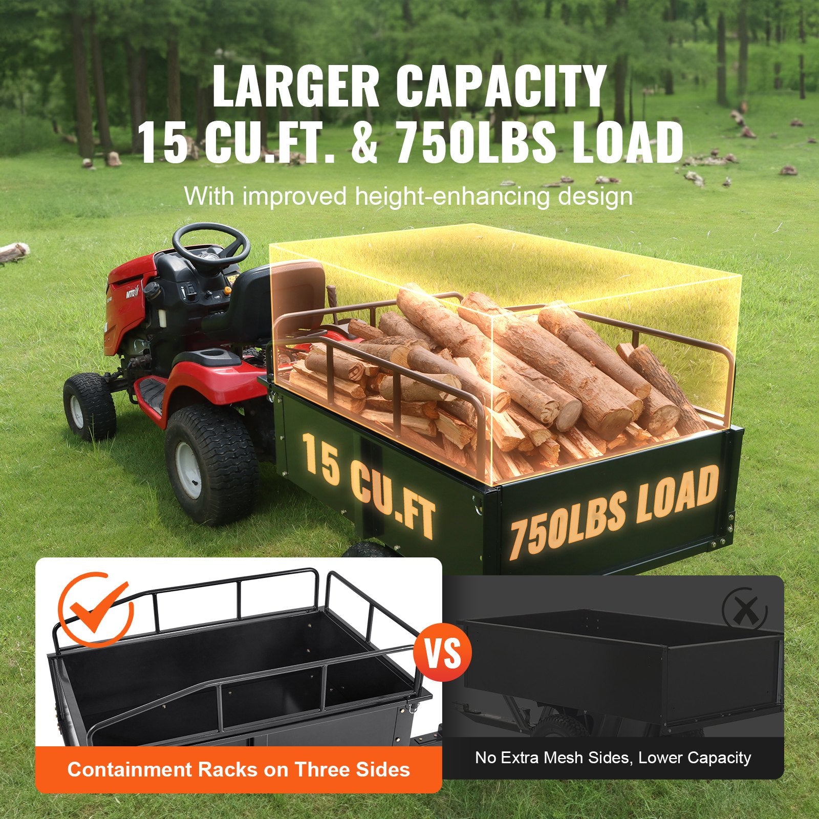 VEVOR Heavy Duty ATV Trailer Steel Dump Cart, 750-Pound 15 Cubic Feet, Garden Utility Trailer with Removable Sides for Riding Lawn Mower Tractor 4