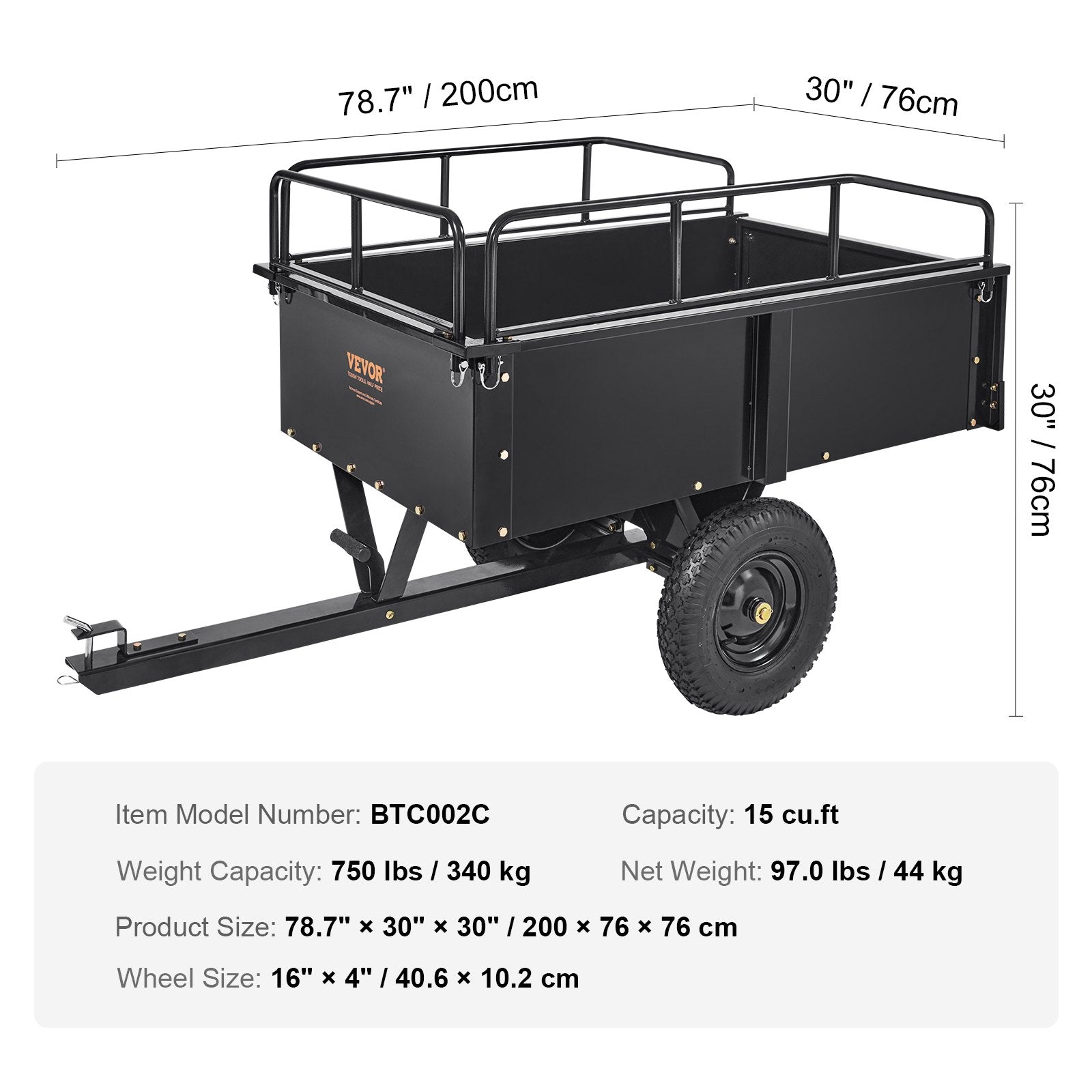 VEVOR Heavy Duty ATV Trailer Steel Dump Cart, 750-Pound 15 Cubic Feet, Garden Utility Trailer with Removable Sides for Riding Lawn Mower Tractor 7