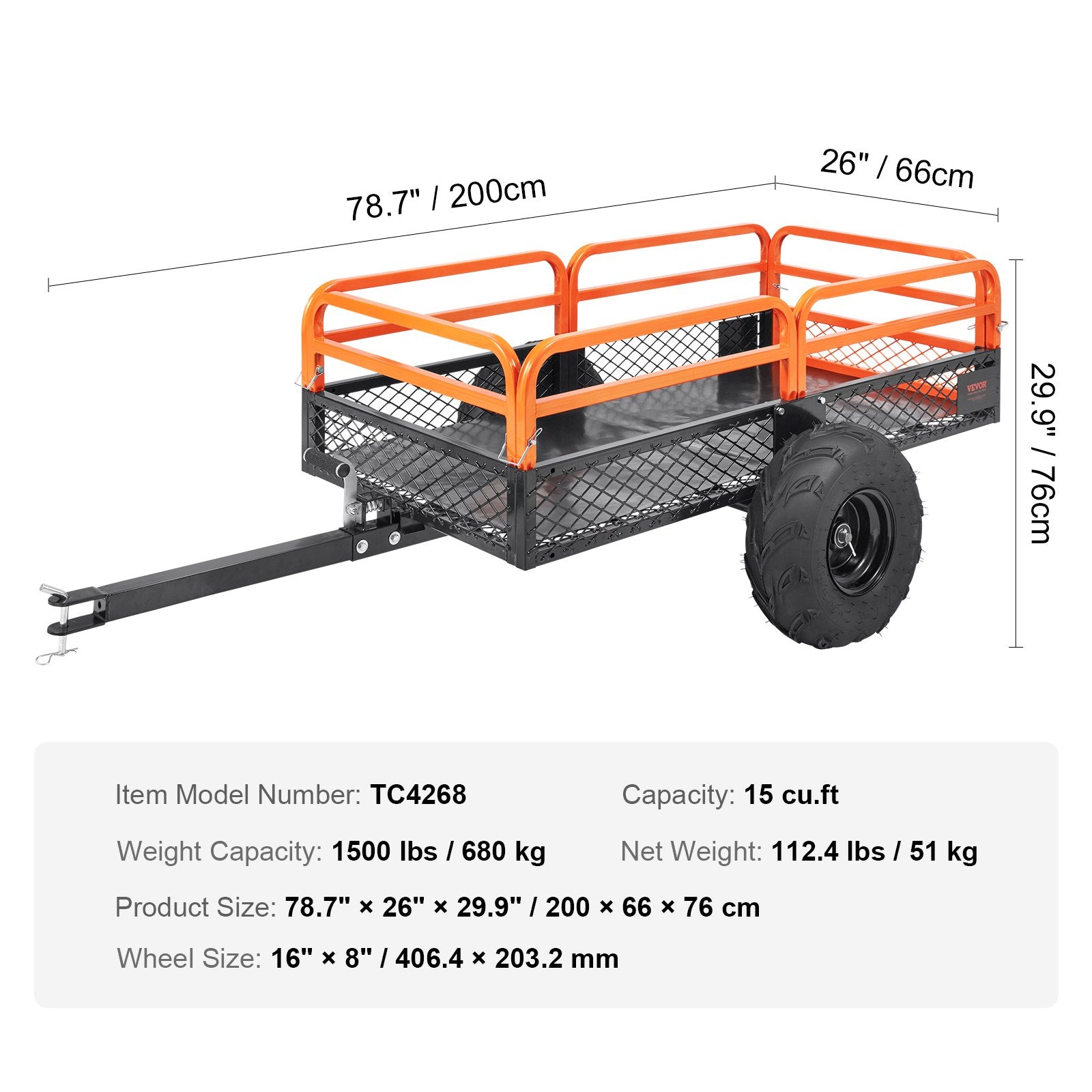 VEVOR Heavy Duty Steel ATV Dump Trailer, 1500-Pound Load Capacity 15 Cubic Feet, Tow Behind Dump Cart Garden Trailer, with Removable Sides and 2 Tires, for Mowers, Tractors, ATV, UTV 7