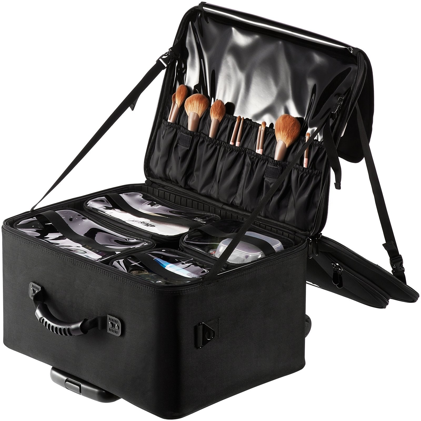 VEVOR Rolling Makeup Train Case Large Storage 3 Tiers, Convenient Carry With Handle, Wheels, Strap, Professional Makeup Storage Organizer Box Make Up Carrier Waterproof Oxford, Black 11