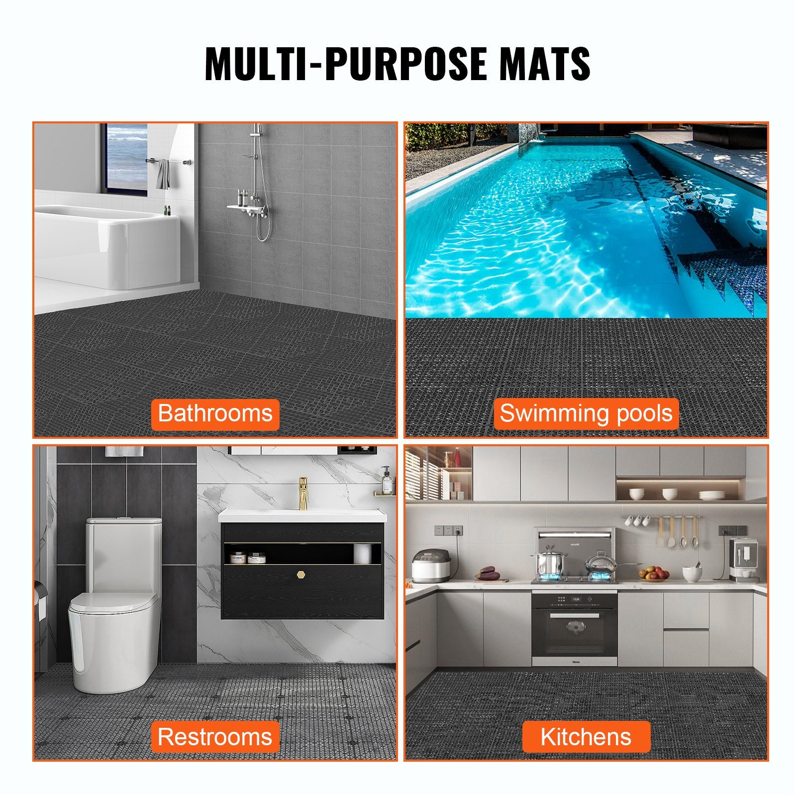 VEVOR Modular Interlocking Cushion, 55 Pack 30 x 30 cm Splicing Drainage Mats, PVC Interlocking Drainage Floor Tiles, Non-Slip Drainage Holes for Restroom, Bathroom, Kitchen, Pool, Wet Area, Black 6
