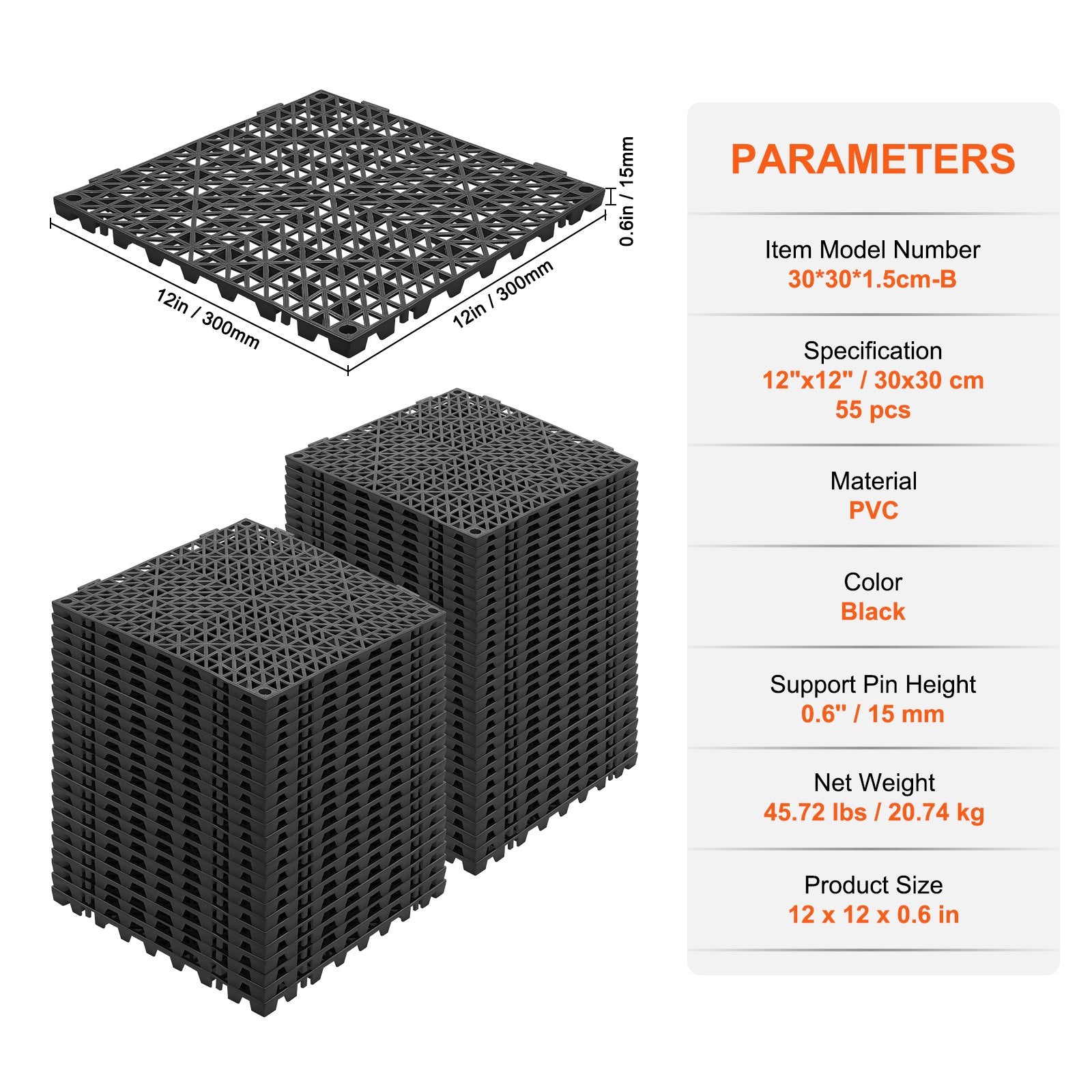 VEVOR Modular Interlocking Cushion, 55 Pack 30 x 30 cm Splicing Drainage Mats, PVC Interlocking Drainage Floor Tiles, Non-Slip Drainage Holes for Restroom, Bathroom, Kitchen, Pool, Wet Area, Black 7