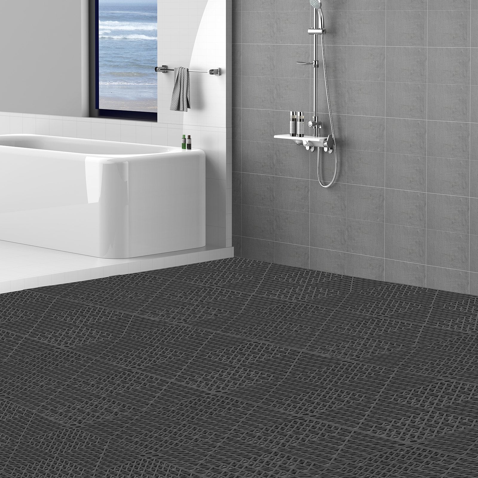 VEVOR Modular Interlocking Cushion, 55 Pack 30 x 30 cm Splicing Drainage Mats, PVC Interlocking Drainage Floor Tiles, Non-Slip Drainage Holes for Restroom, Bathroom, Kitchen, Pool, Wet Area, Black 8