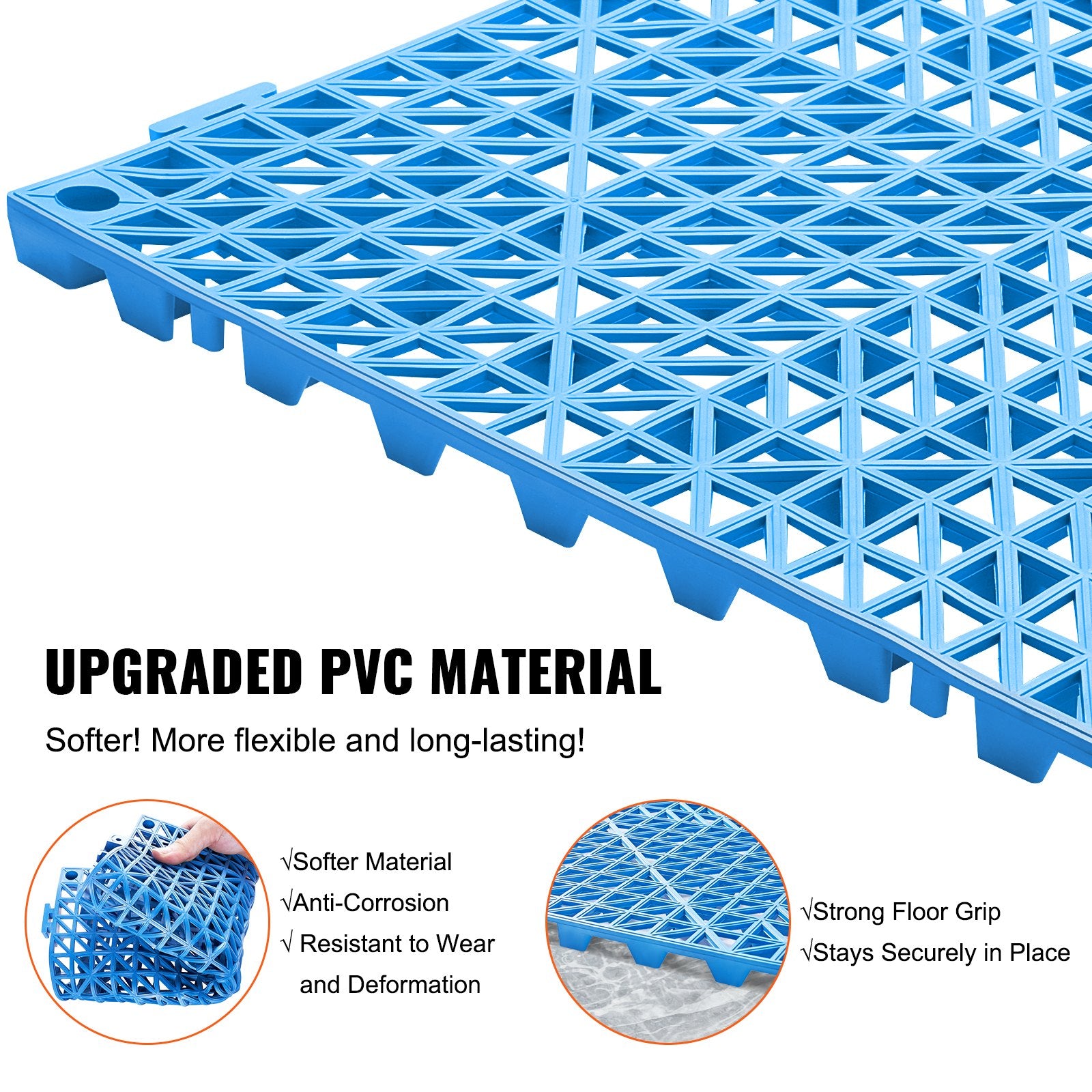 VEVOR Modular Interlocking Cushion, 55 Pack 30 x 30 cm Splicing Drainage Mats, Soft PVC Interlocking Drainage Floor Tiles, Non-Slip Drainage Holes for Restroom, Bathroom, Kitchen, Pool, Wet Area, Blue 3