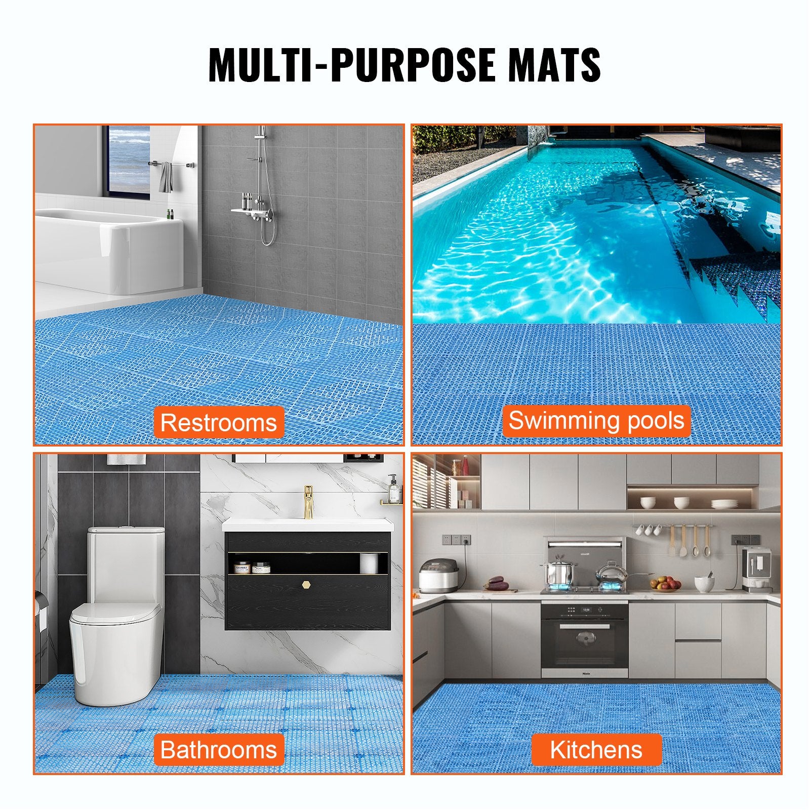 VEVOR Modular Interlocking Cushion, 55 Pack 30 x 30 cm Splicing Drainage Mats, Soft PVC Interlocking Drainage Floor Tiles, Non-Slip Drainage Holes for Restroom, Bathroom, Kitchen, Pool, Wet Area, Blue 6