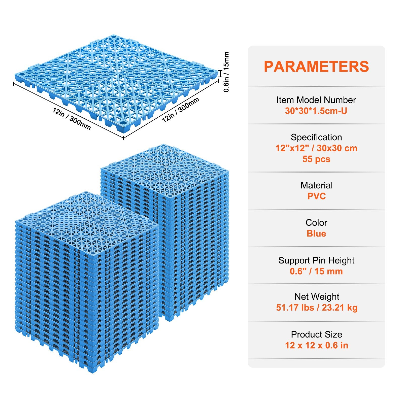 VEVOR Modular Interlocking Cushion, 55 Pack 30 x 30 cm Splicing Drainage Mats, Soft PVC Interlocking Drainage Floor Tiles, Non-Slip Drainage Holes for Restroom, Bathroom, Kitchen, Pool, Wet Area, Blue 7
