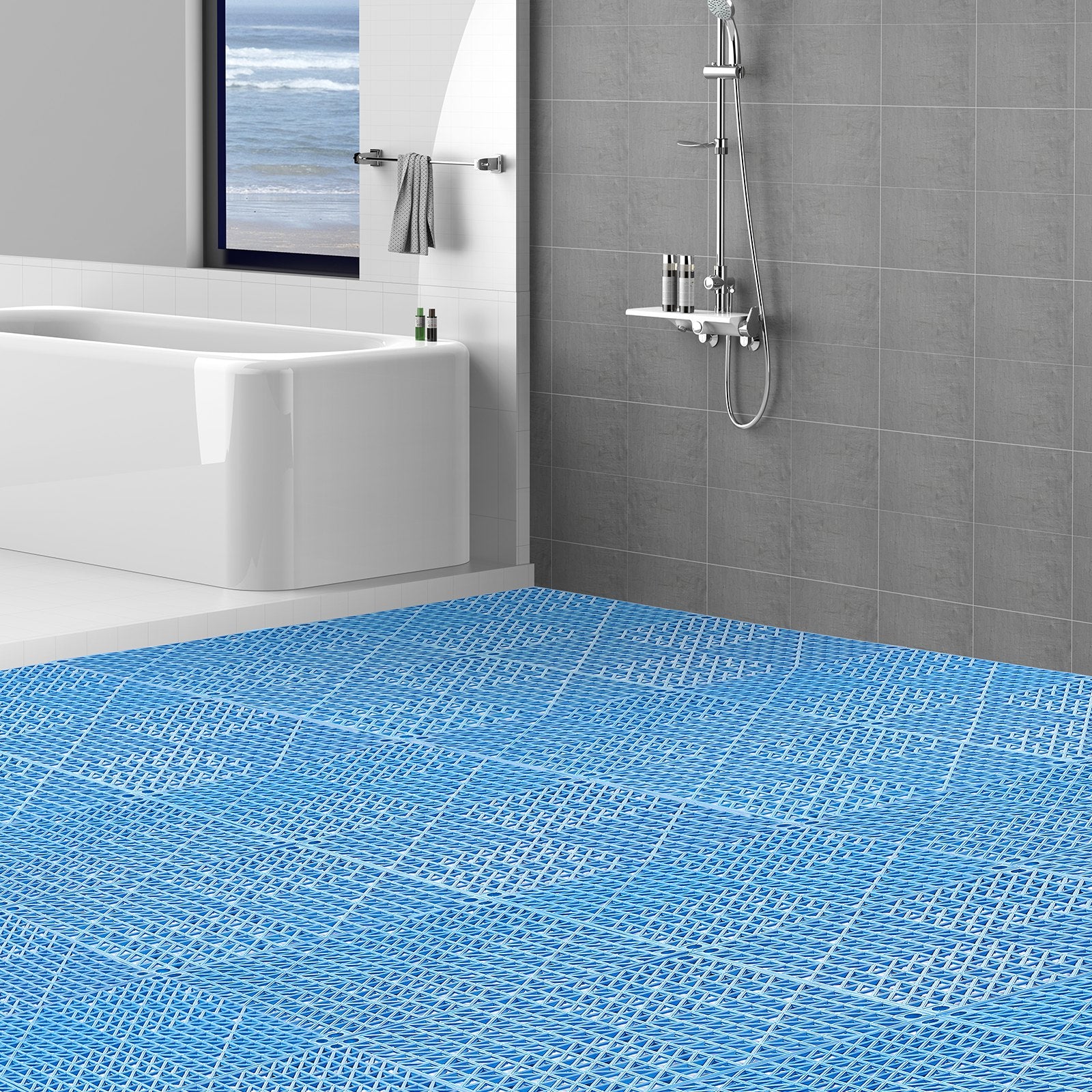 VEVOR Modular Interlocking Cushion, 55 Pack 30 x 30 cm Splicing Drainage Mats, Soft PVC Interlocking Drainage Floor Tiles, Non-Slip Drainage Holes for Restroom, Bathroom, Kitchen, Pool, Wet Area, Blue 8