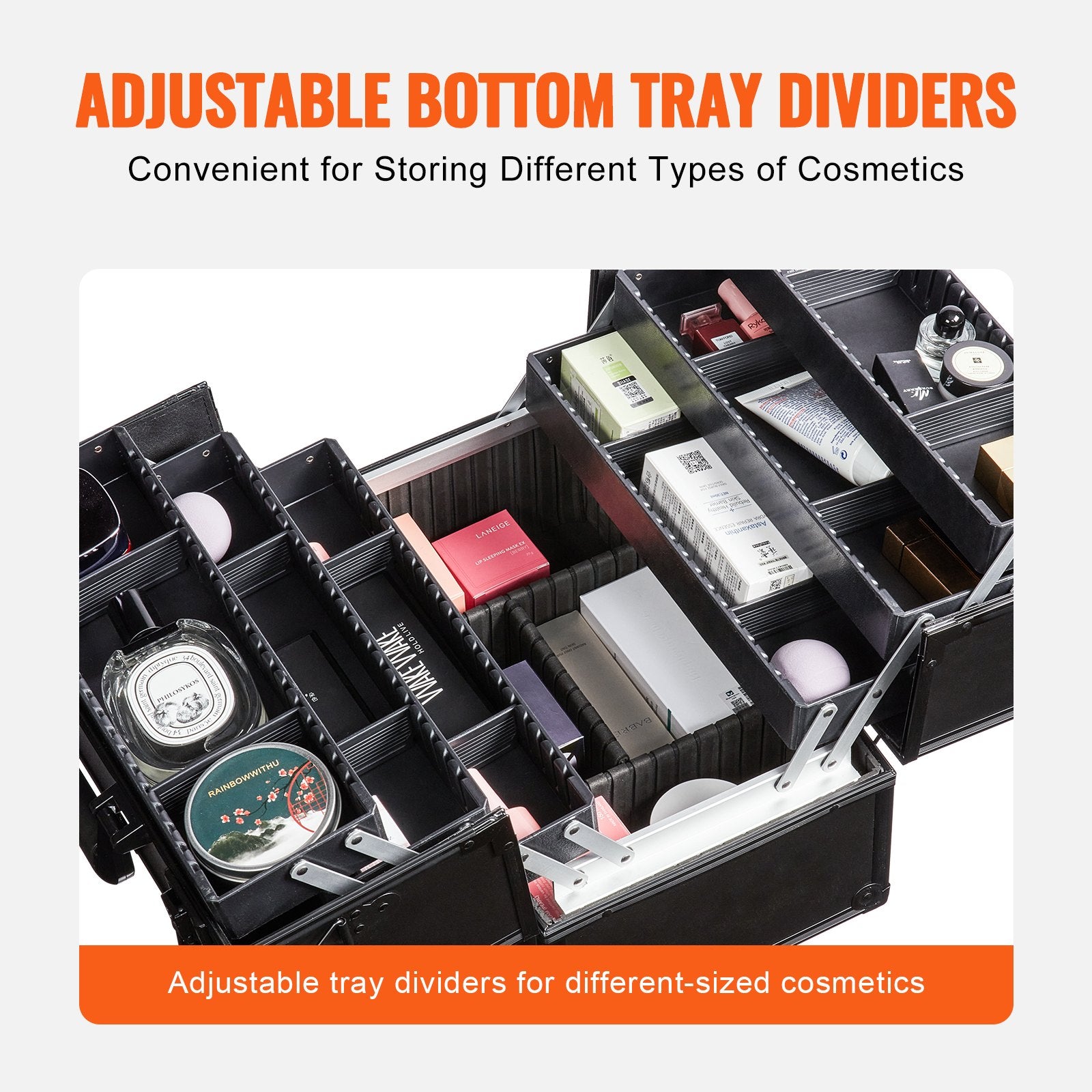 VEVOR Makeup Train Case 370MM Large Portable Cosmetic Case, 6 Tier Trays Professional Makeup Storage Organizer Box Make Up Carrier with Handle And Strap Travel Case for Women and Girls - Black 3