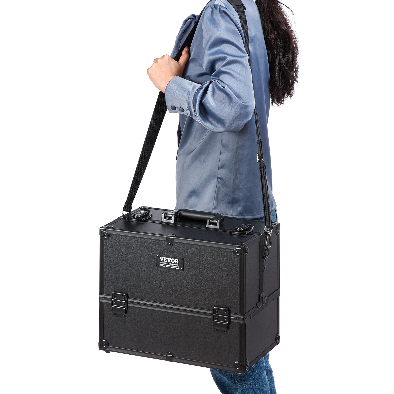 VEVOR Makeup Train Case 370MM Large Portable Cosmetic Case, 6 Tier Trays Professional Makeup Storage Organizer Box Make Up Carrier with Handle And Strap Travel Case for Women and Girls - Black 8