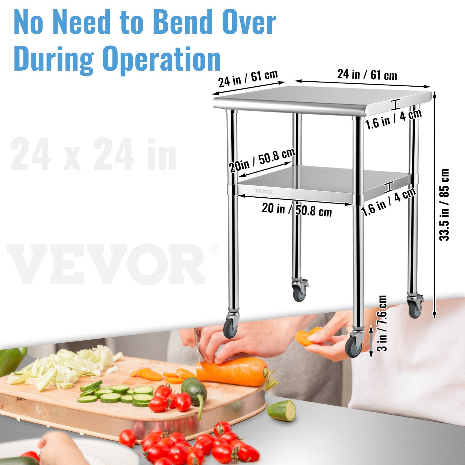 VEVOR Stainless Steel Prep Table, 61 x 61 x 91.4 cm, 600lbs Load Capacity Heavy Duty Metal Worktable with Adjustable Undershelf & Universal Wheels, Commercial Workstation for Kitchen Garage Backyard 7