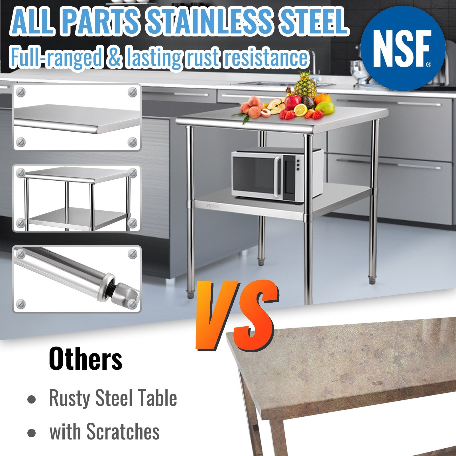 VEVOR Stainless Steel Work Prep Table Commercial Food Prep Table 30x30x36in 3