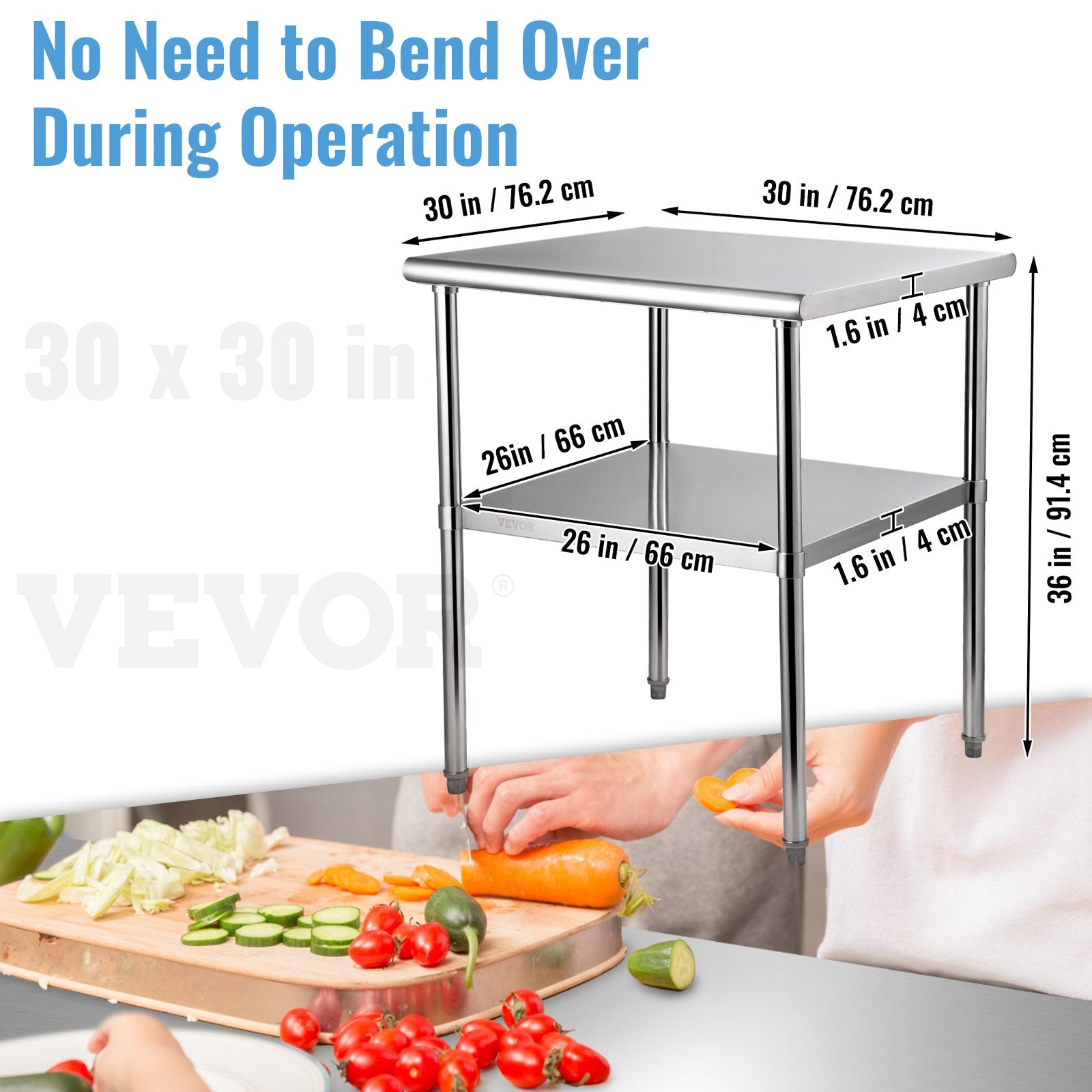 VEVOR Stainless Steel Work Prep Table Commercial Food Prep Table 30x30x36in 7