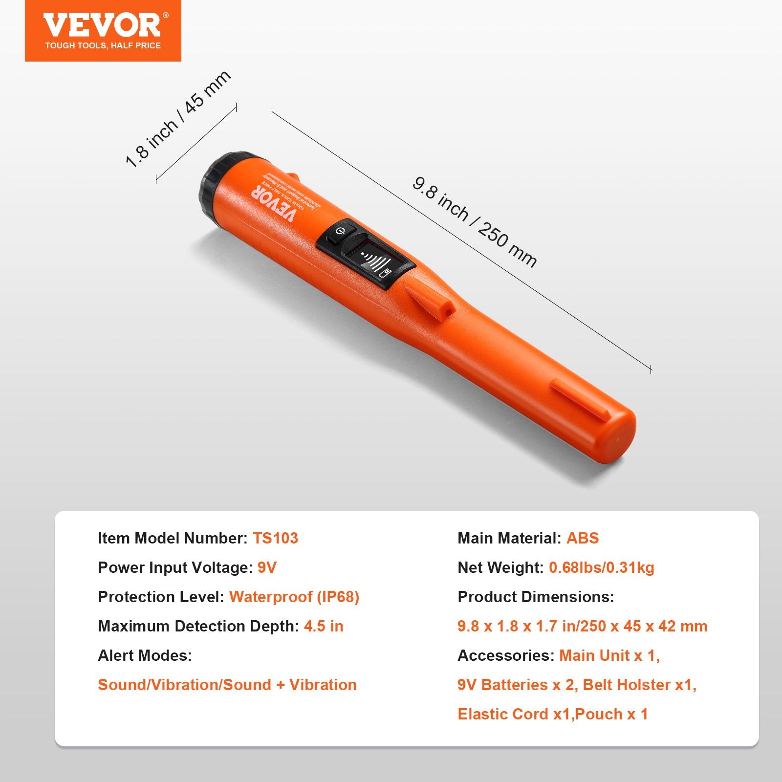 VEVOR Metal Detector Pinpointer IP68 Waterproof Handheld Detector Wand with LCD 7